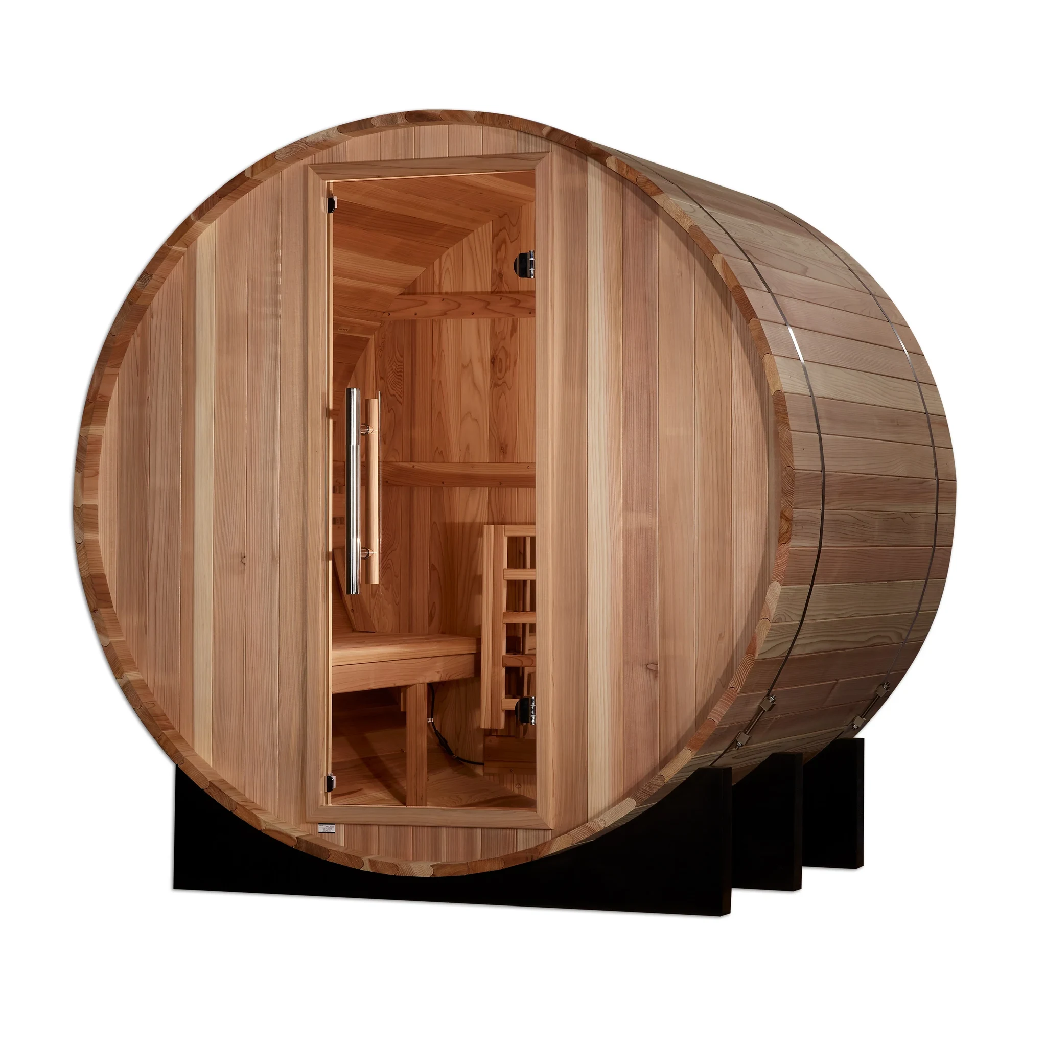 Golden Designs St. Moritz model barrel shaped sauna with a 2 person capacity which is built for outside use