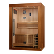Golden Designs Sundsvall model traditional steam sauna built for indoor or covered outdoor use constructed from Canadian red cedar on the inside and pacific cedar on the outside with a two person capacity