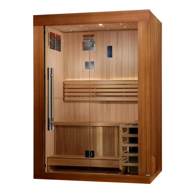 Golden Designs Sundsvall model traditional steam sauna built for indoor or covered outdoor use constructed from Canadian red cedar on the inside and pacific cedar on the outside with a two person capacity