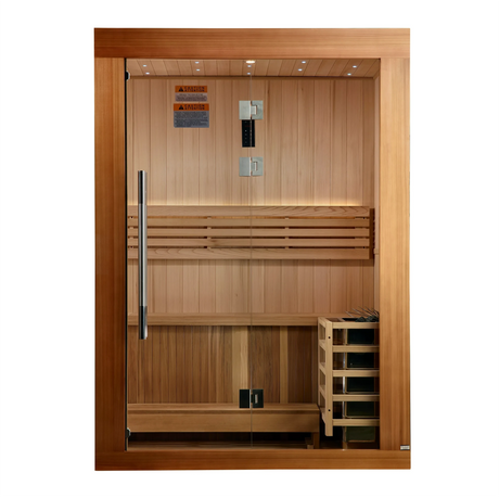 Golden Designs Sundsvall model traditional steam sauna built for indoor or covered outdoor use constructed from Canadian red cedar on the inside and pacific cedar on the outside with a two person capacity
