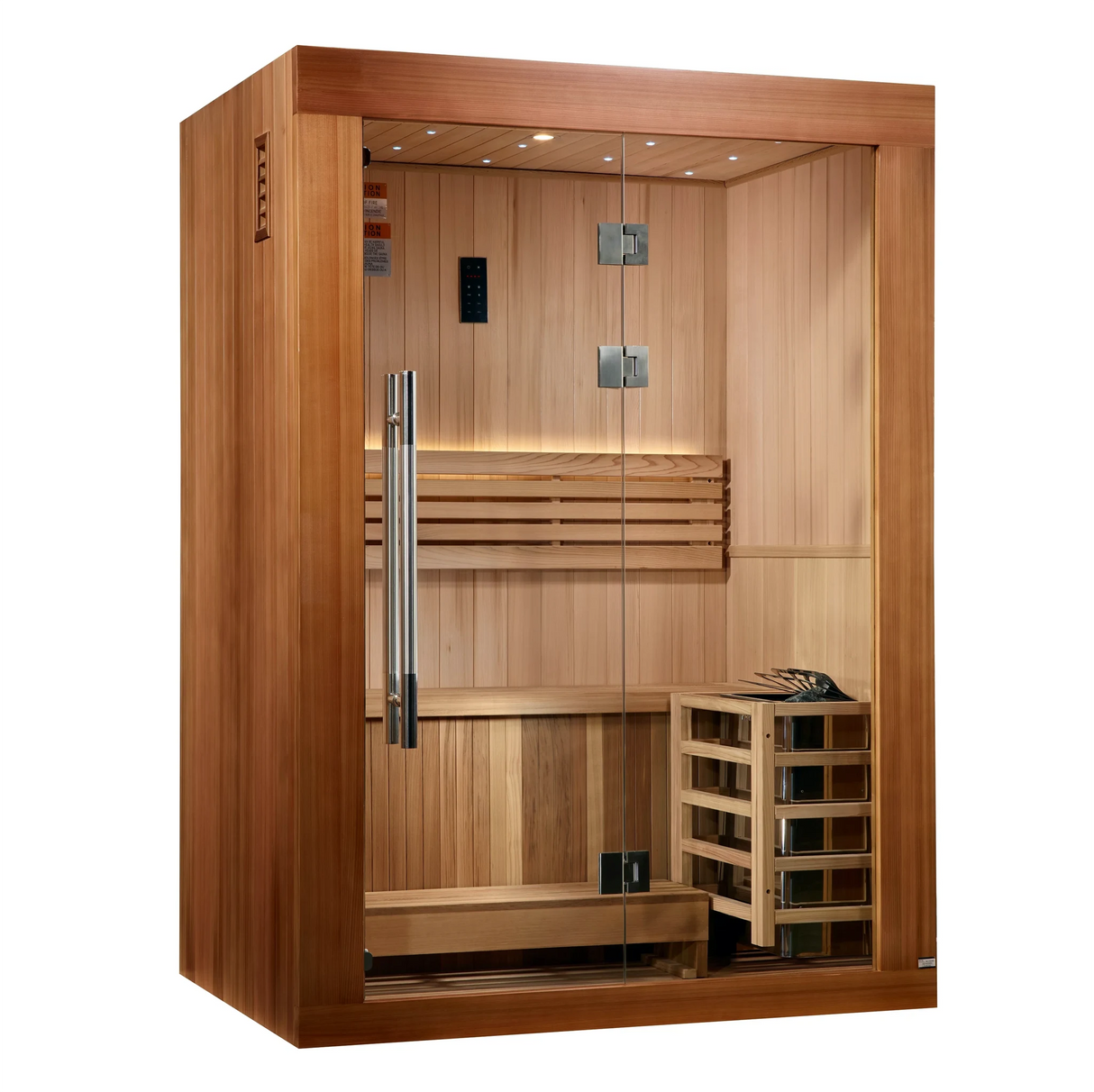 Golden Designs Sundsvall model traditional steam sauna built for indoor or covered outdoor use constructed from Canadian red cedar on the inside and pacific cedar on the outside with a two person capacity