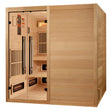 Golden Designs Toledo model sauna featuring a hybrid design which provides full spectrum infrared head and traditional steam heat with a six person capacity and a Canadian hemlock wood construction