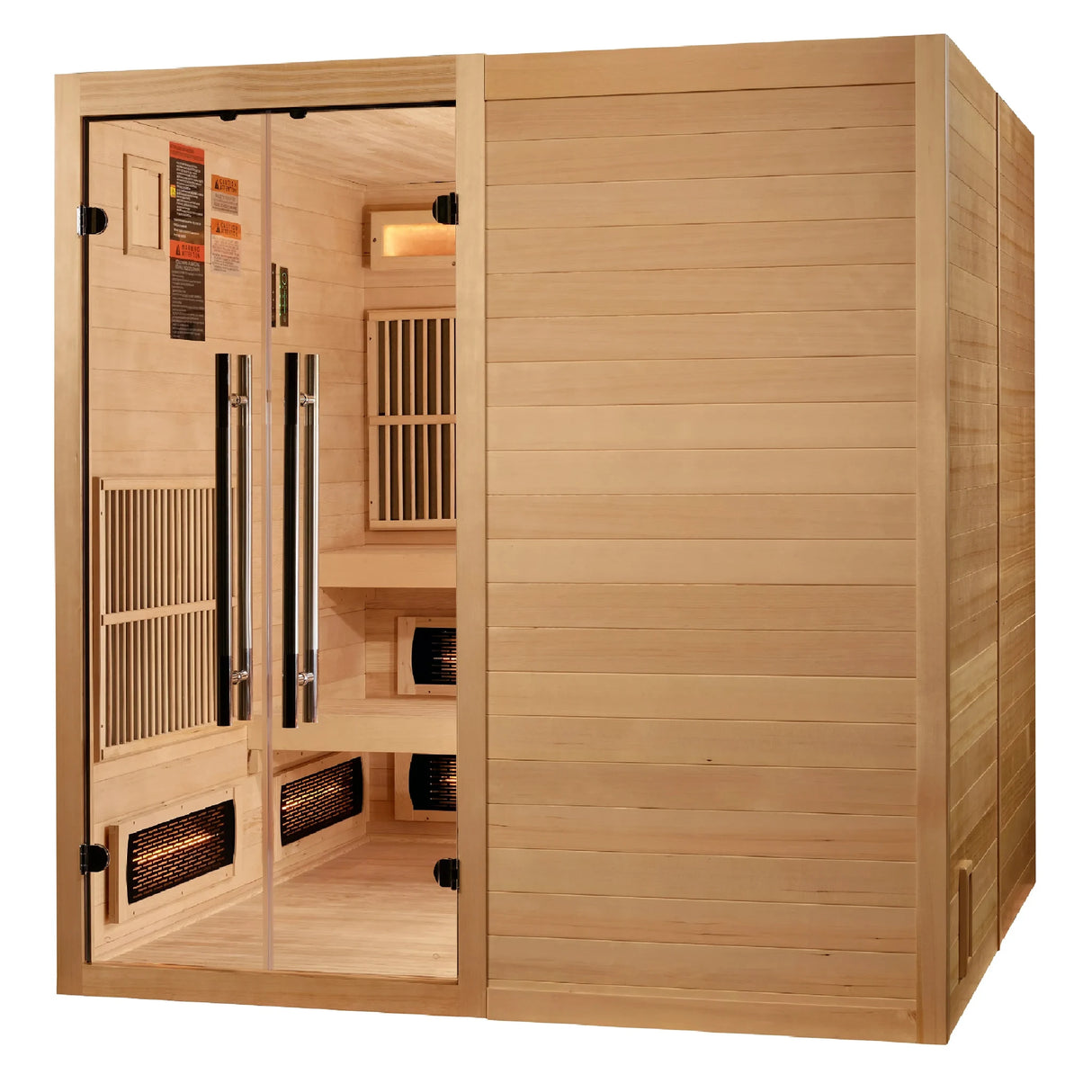 Golden Designs Toledo model sauna featuring a hybrid design which provides full spectrum infrared head and traditional steam heat with a six person capacity and a Canadian hemlock wood construction