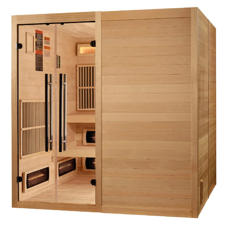 Golden Designs Toledo model sauna featuring a hybrid design which provides full spectrum infrared head and traditional steam heat with a six person capacity and a Canadian hemlock wood construction