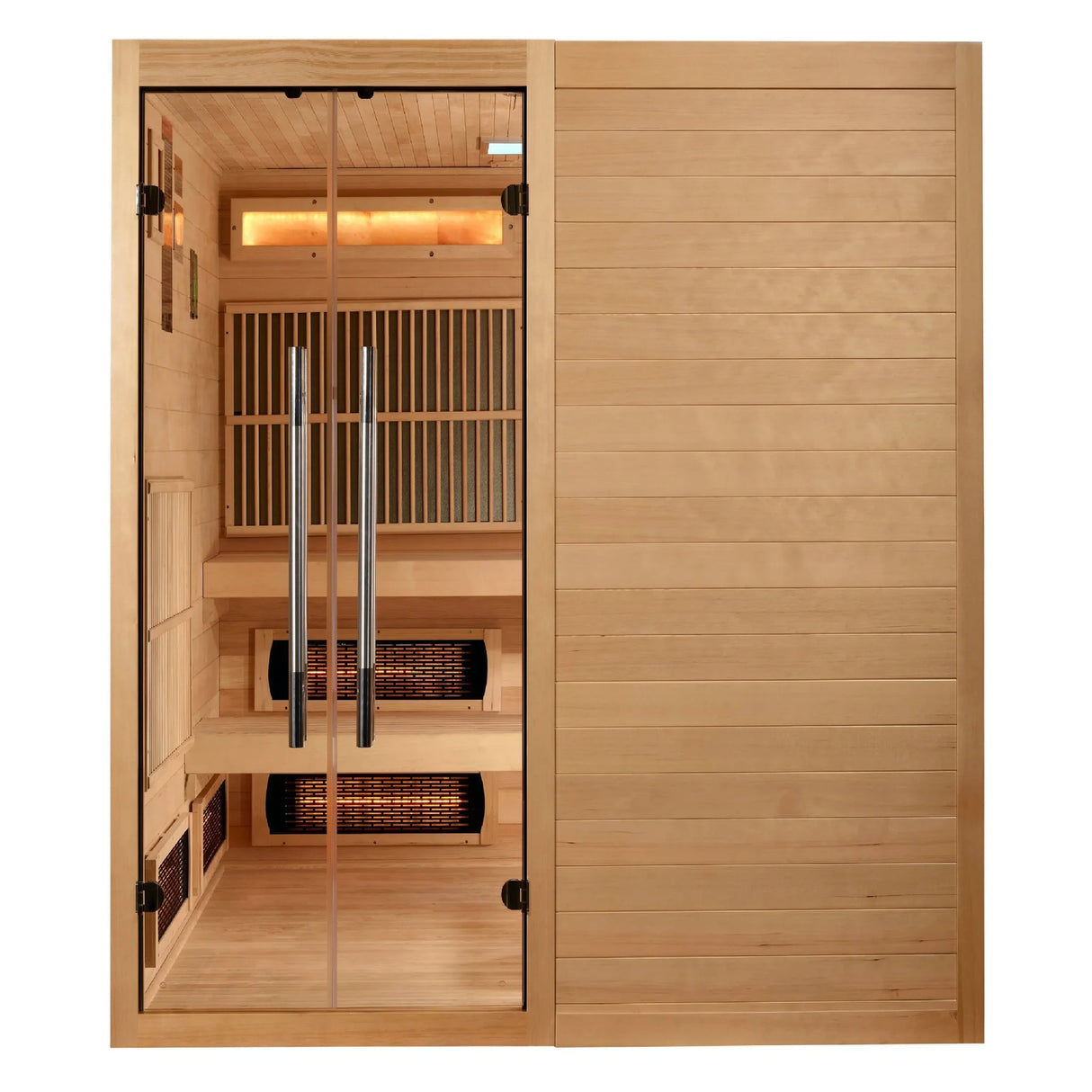 Golden Designs Toledo model sauna featuring a hybrid design which provides full spectrum infrared head and traditional steam heat with a six person capacity and a Canadian hemlock wood construction