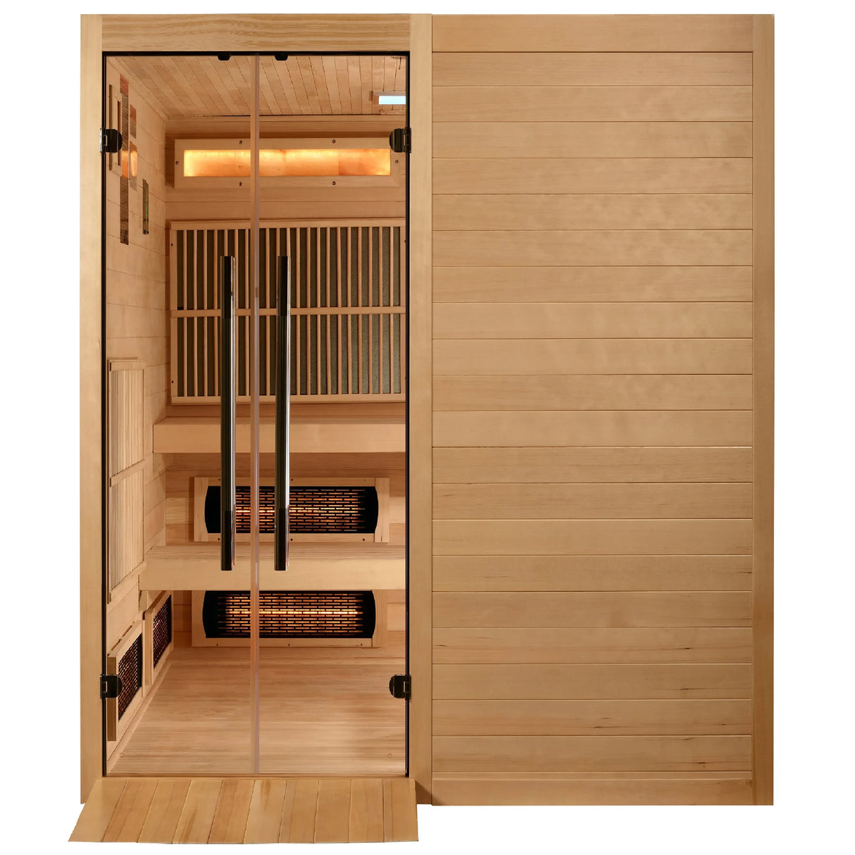 Golden Designs Toledo model sauna featuring a hybrid design which provides full spectrum infrared head and traditional steam heat with a six person capacity and a Canadian hemlock wood construction