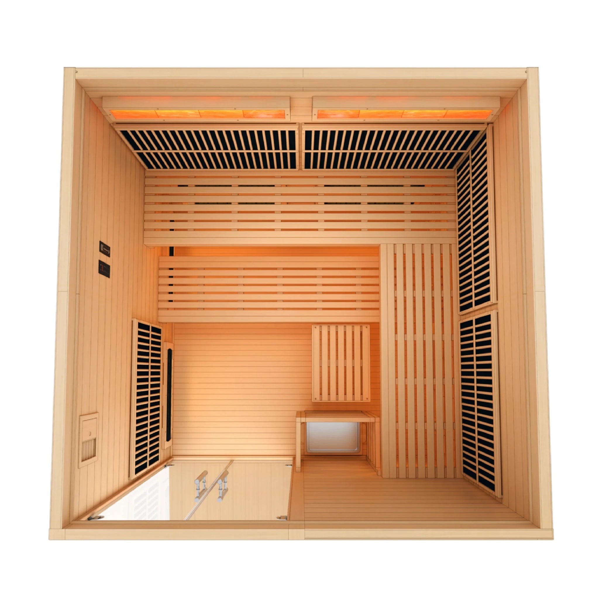 Golden Designs Toledo model sauna featuring a hybrid design which provides full spectrum infrared head and traditional steam heat with a six person capacity and a Canadian hemlock wood construction