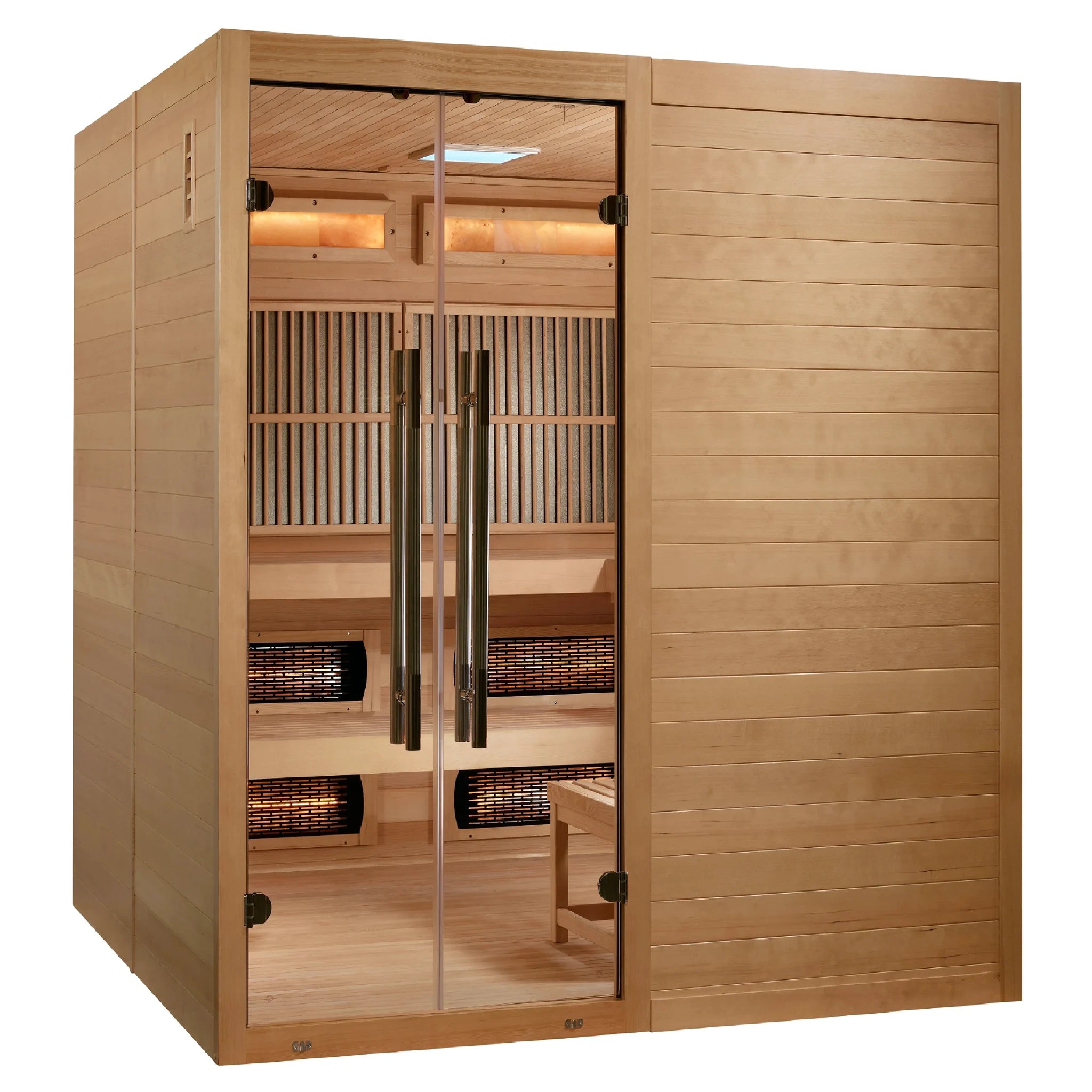 Golden Designs Toledo model sauna featuring a hybrid design which provides full spectrum infrared head and traditional steam heat with a six person capacity and a Canadian hemlock wood construction