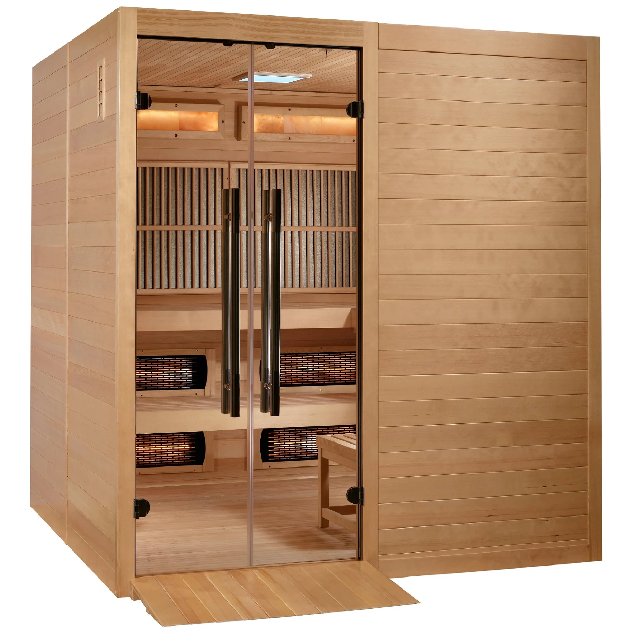 Golden Designs Toledo model sauna featuring a hybrid design which provides full spectrum infrared head and traditional steam heat with a six person capacity and a Canadian hemlock wood construction