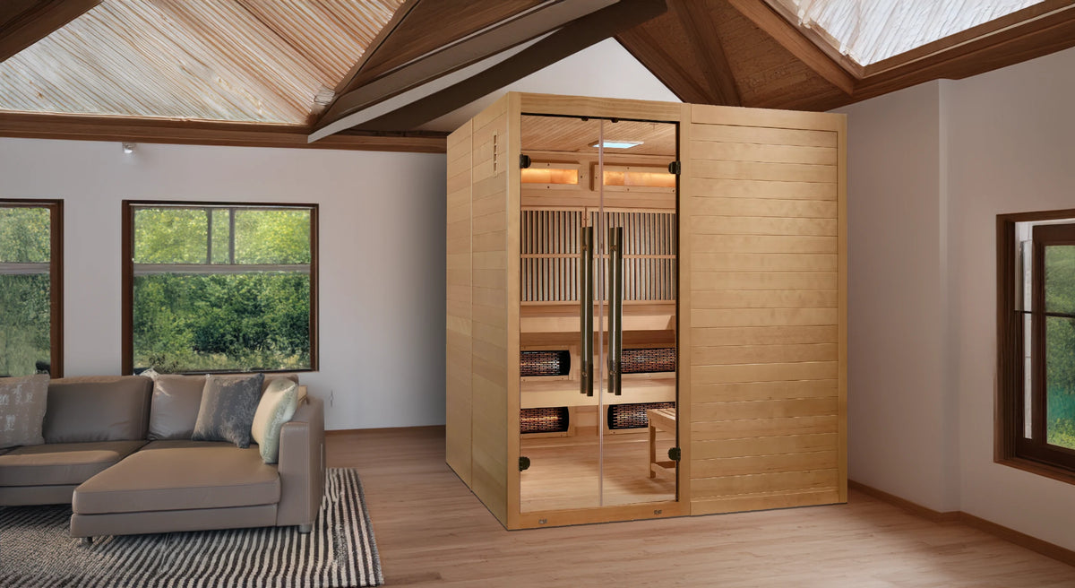 Golden Designs Toledo model sauna featuring a hybrid design which provides full spectrum infrared head and traditional steam heat with a six person capacity and a Canadian hemlock wood construction inside a home