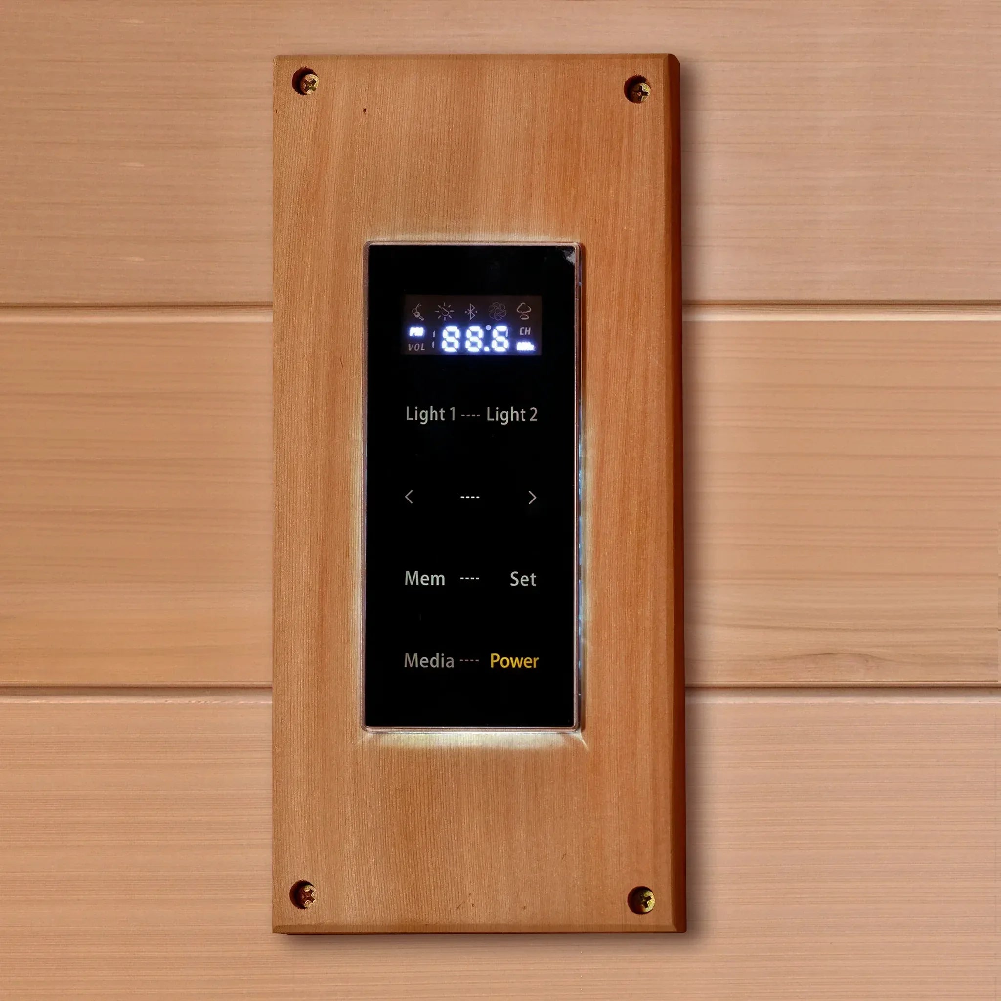 Touchscreen control panel inside a Canadian red cedar sauna