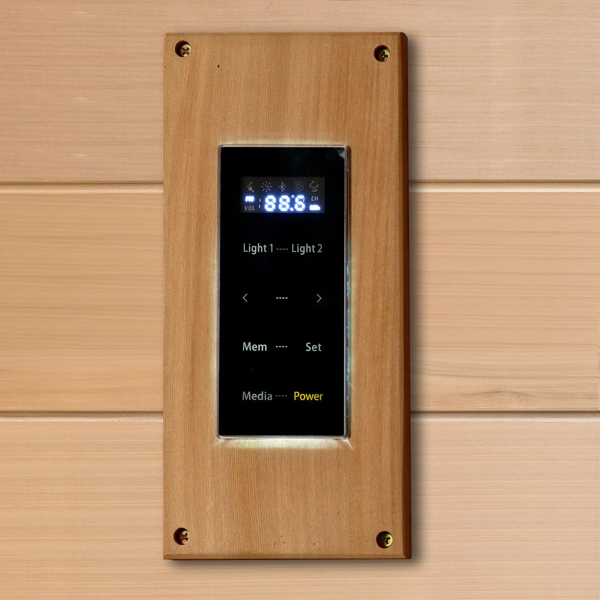 Touchscreen control panel with a Canadian hemlock wood frame inside a sauna