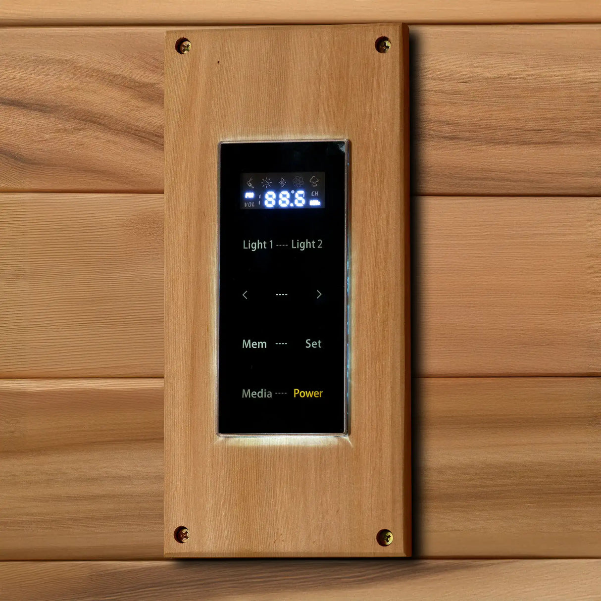 Touchscreen control panel inside a pacific cedar sauna
