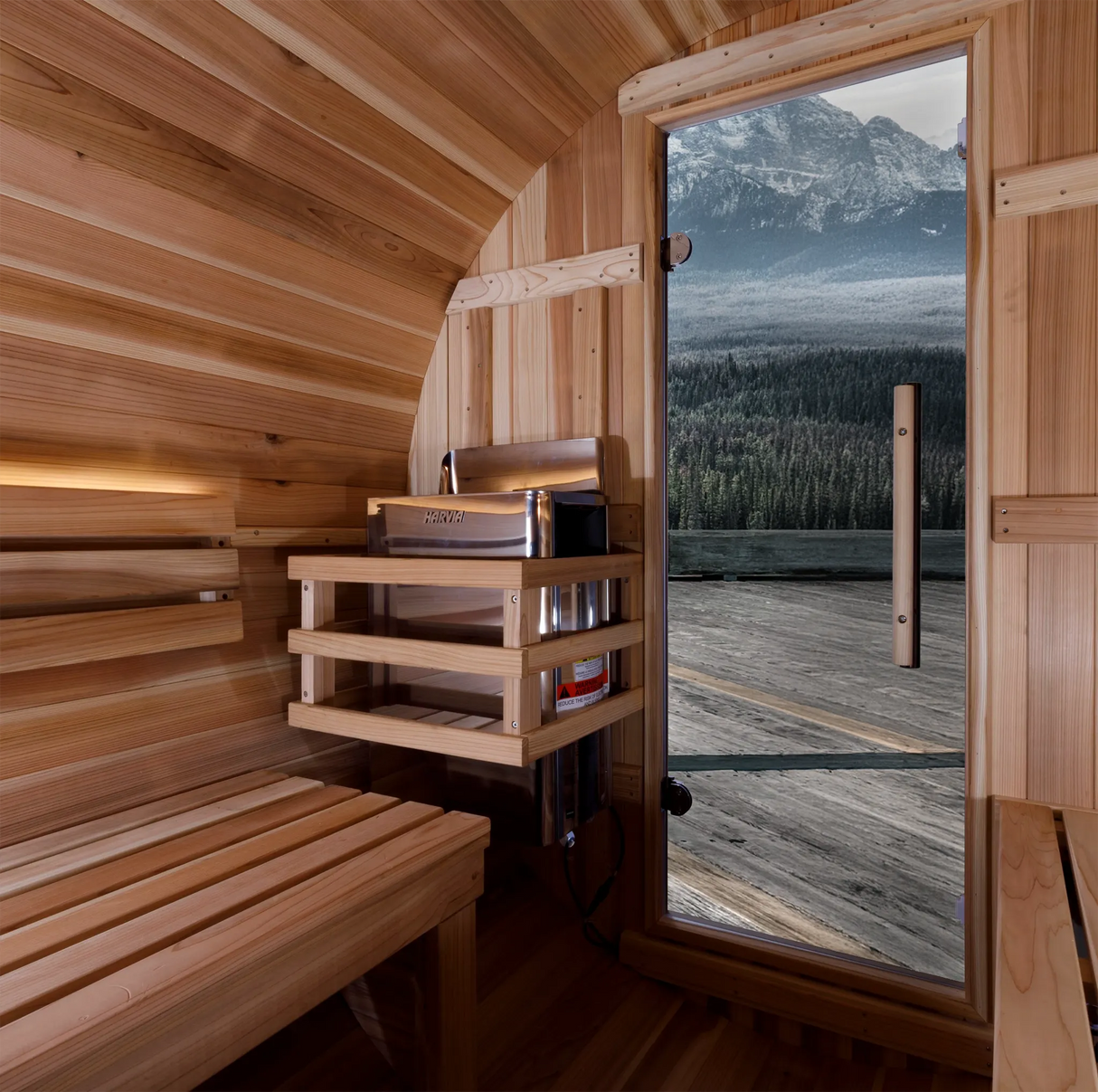 Golden Designs barrel shaped sauna which is built for outside use