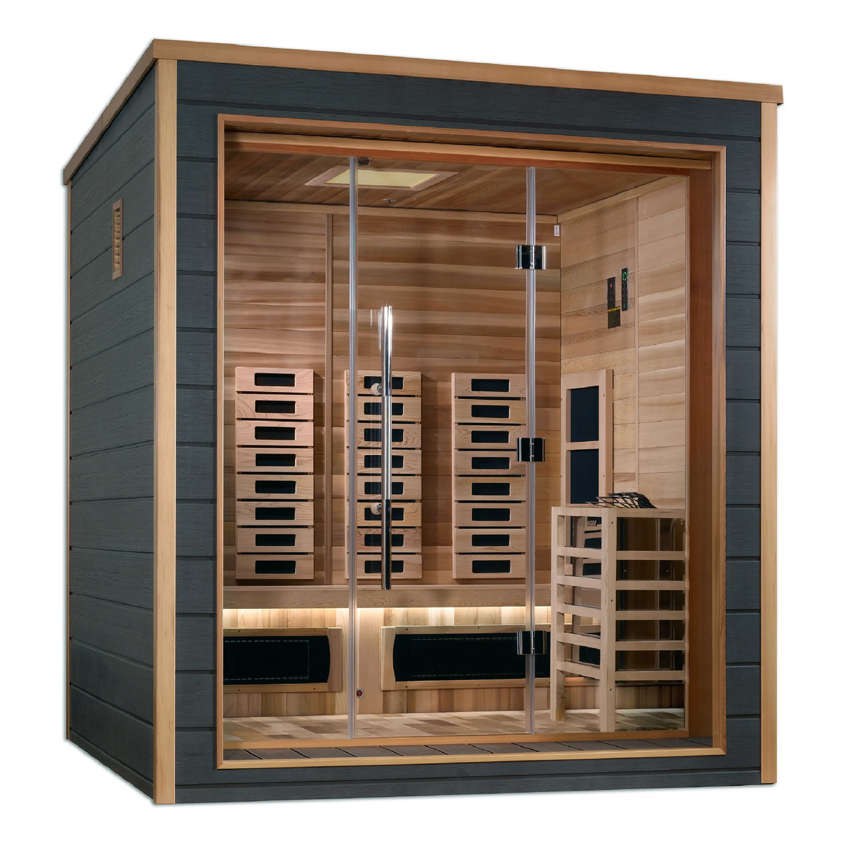 Golden Designs Visby model sauna featuring hybrid technology which emits full spectrum infrared heat and traditional steam heat and has a three person capacity and is constructed from Canadian red cedar wood on the interior and an all weather composite material on the exterior making it great for outdoor use in all climates