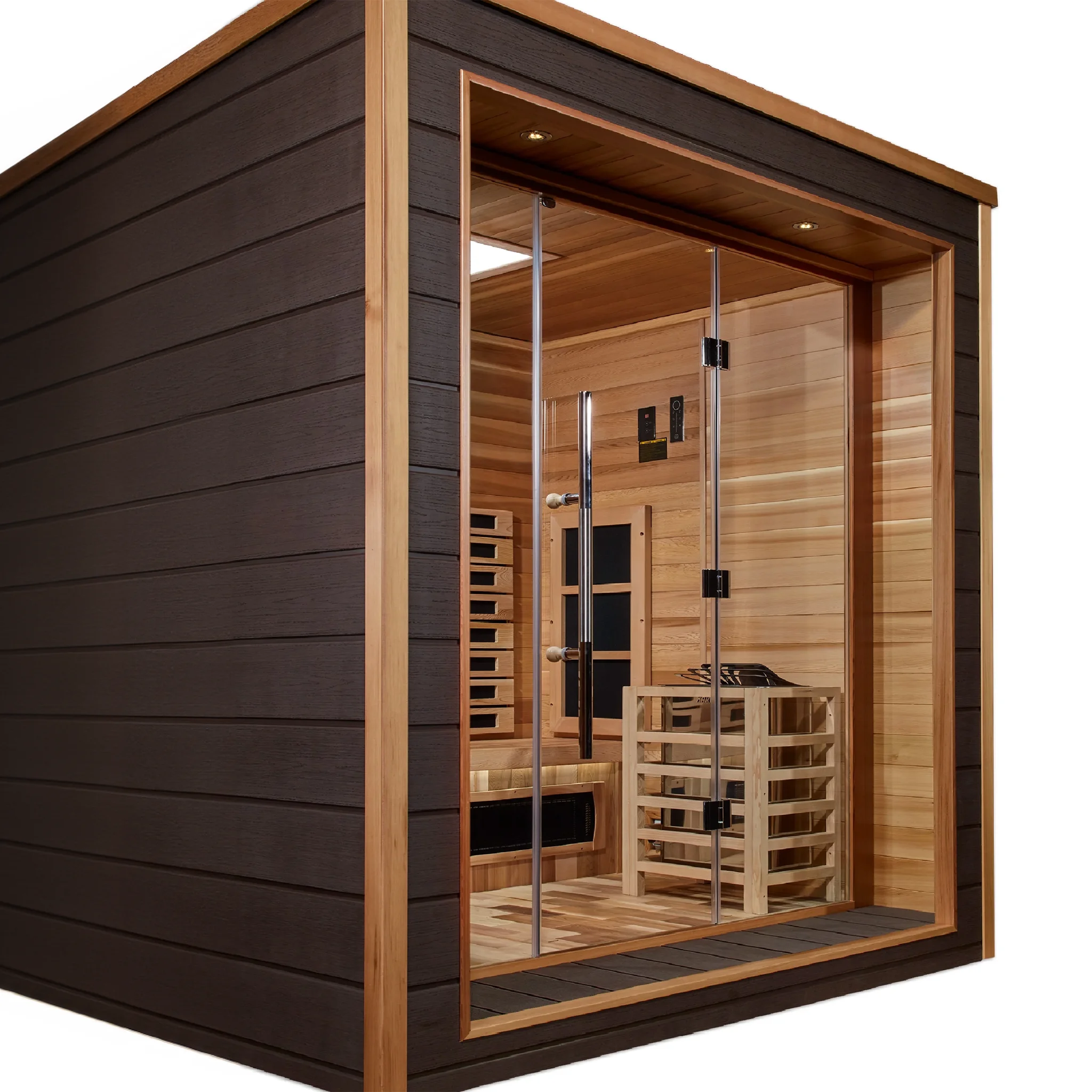 Golden Designs Visby model sauna featuring hybrid technology which emits full spectrum infrared heat and traditional steam heat and has a three person capacity and is constructed from Canadian red cedar wood on the interior and an all weather composite material on the exterior making it great for outdoor use in all climates