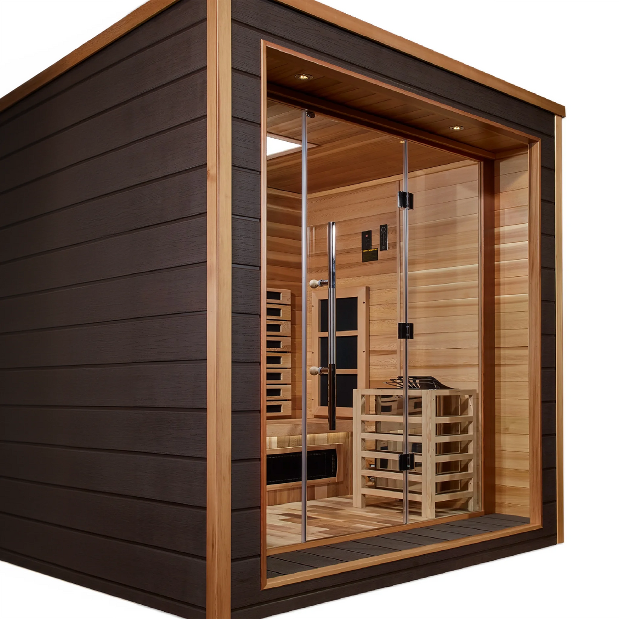 Golden Designs Visby model sauna featuring hybrid technology which emits full spectrum infrared heat and traditional steam heat and has a three person capacity and is constructed from Canadian red cedar wood on the interior and an all weather composite material on the exterior making it great for outdoor use in all climates