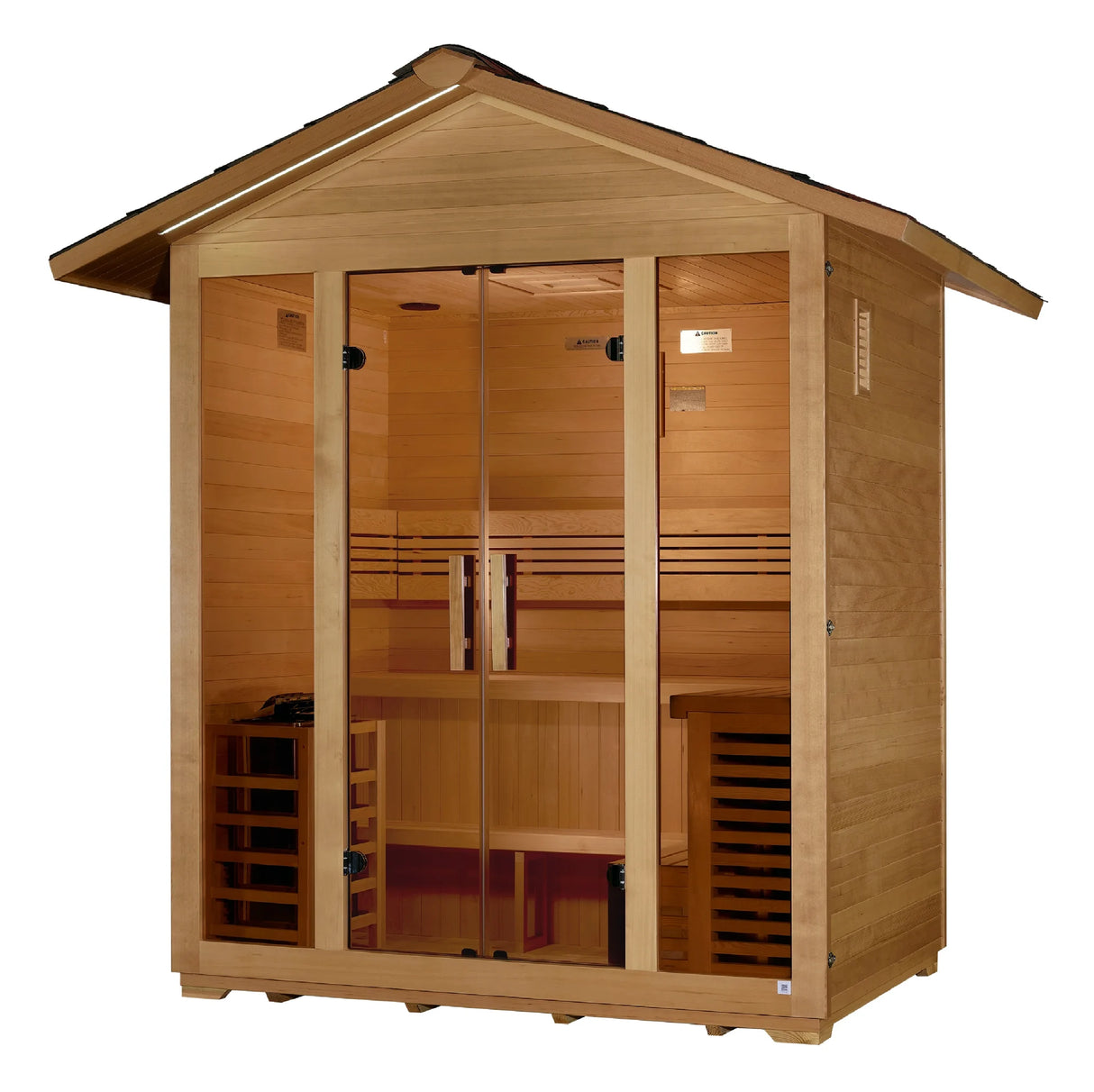 Golden Designs Vorarlberg traditional steam sauna made from Canadian hemlock wood which features a gabled roof and a five person capacity making it great for outdoor use