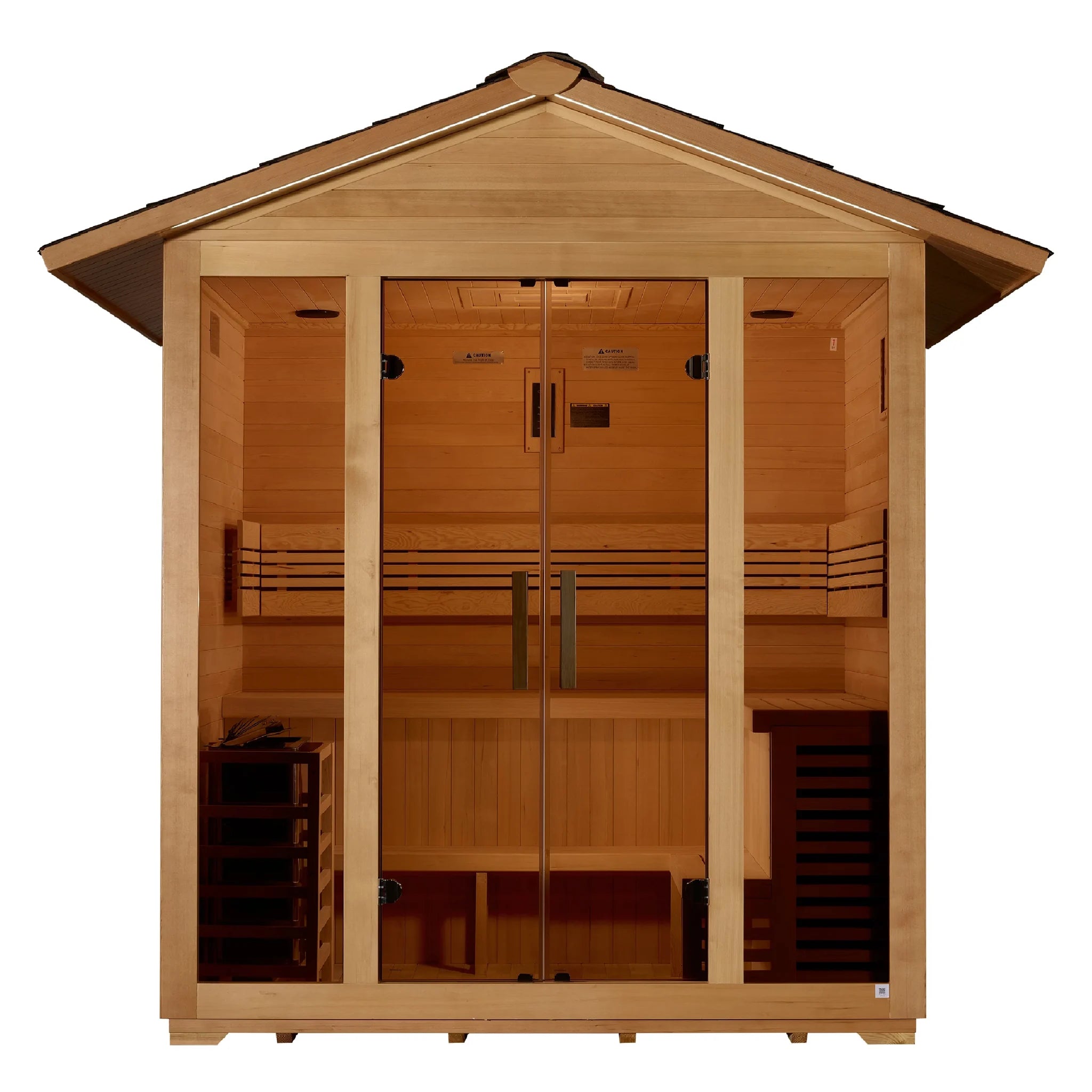 Golden Designs Vorarlberg traditional steam sauna made from Canadian hemlock wood which features a gabled roof and a five person capacity making it great for outdoor use