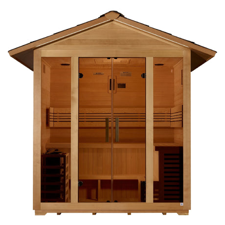 Golden Designs Vorarlberg traditional steam sauna made from Canadian hemlock wood which features a gabled roof and a five person capacity making it great for outdoor use