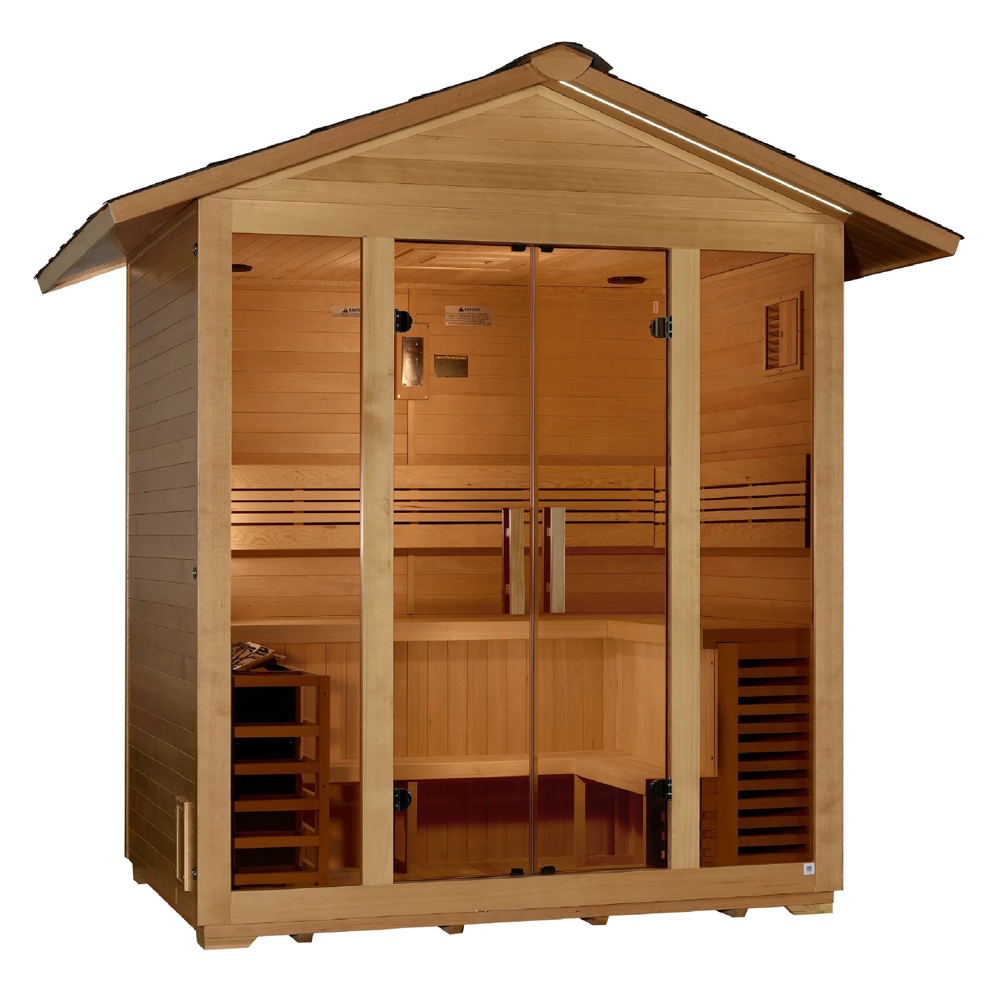 Golden Designs Vorarlberg traditional steam sauna made from Canadian hemlock wood which features a gabled roof and a five person capacity making it great for outdoor use