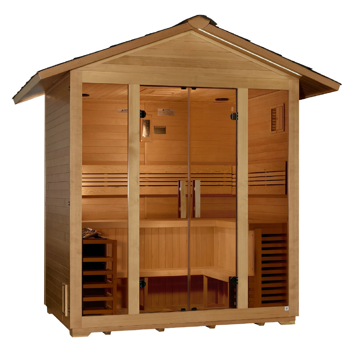 Golden Designs Vorarlberg traditional steam sauna made from Canadian hemlock wood which features a gabled roof and a five person capacity making it great for outdoor use