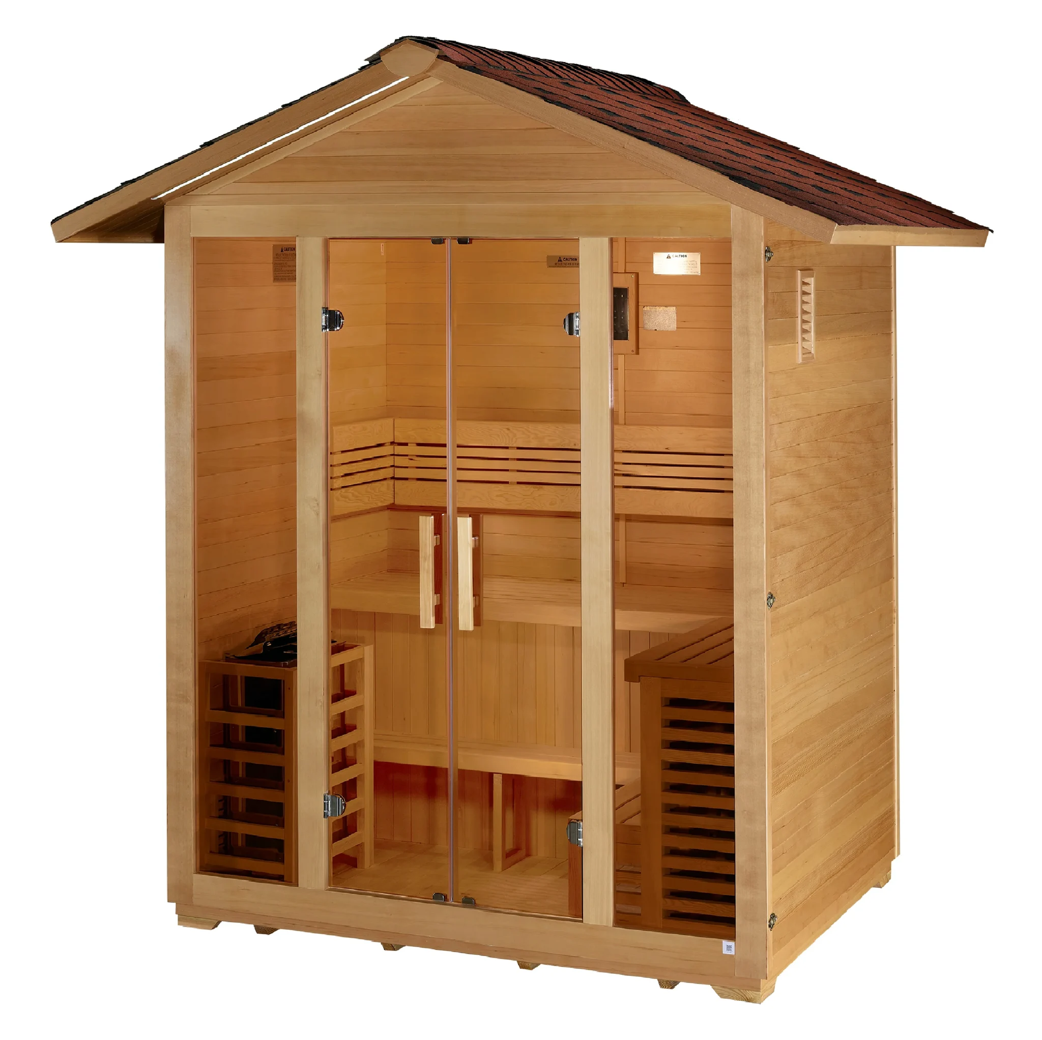 Golden Designs Vorarlberg traditional steam sauna made from Canadian hemlock wood which features a gabled roof and a five person capacity making it great for outdoor use