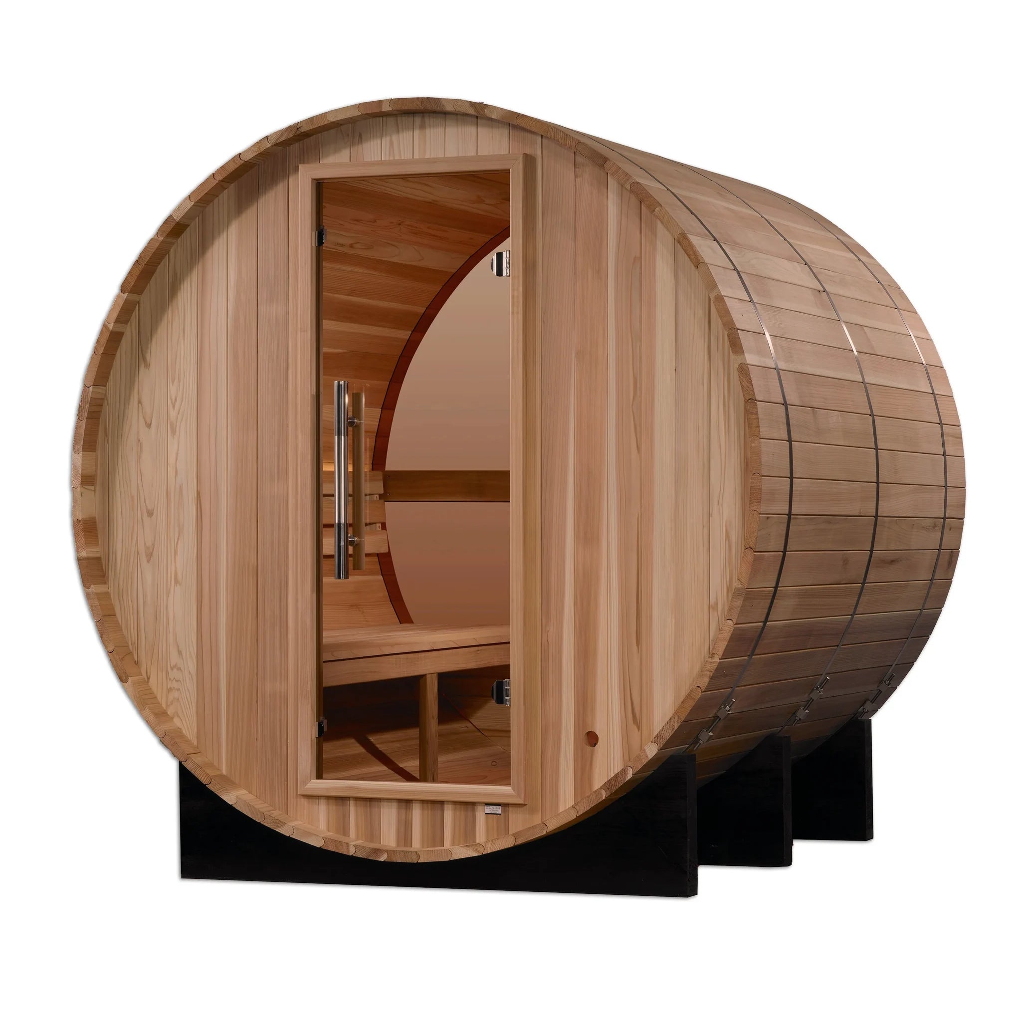 Golden Designs Zurich model barrel shaped sauna with a 4 person capacity which is built for outside use