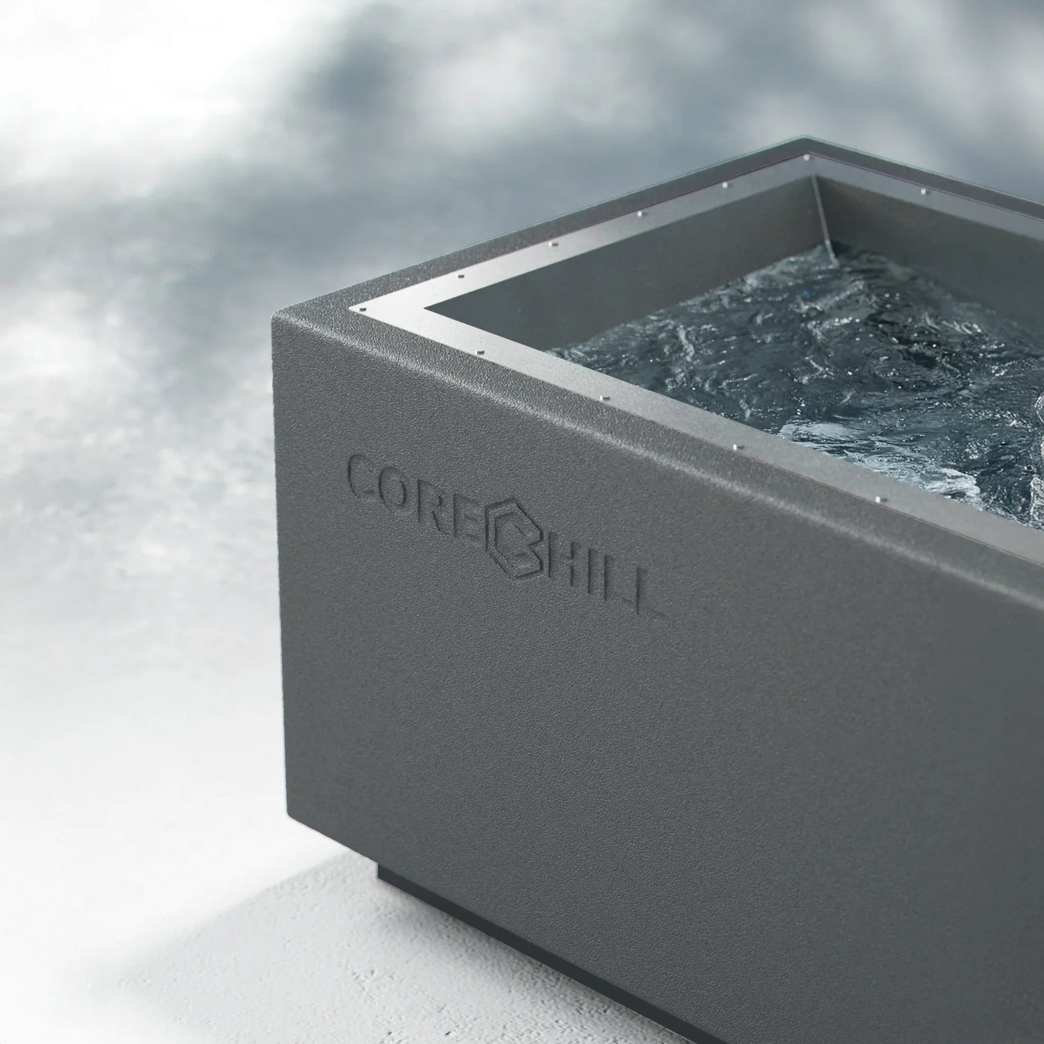 Gray BlueCube CoreChill 1 Mini Cold Plunge Tub with line-x coating which is commercial grade and handmade in America