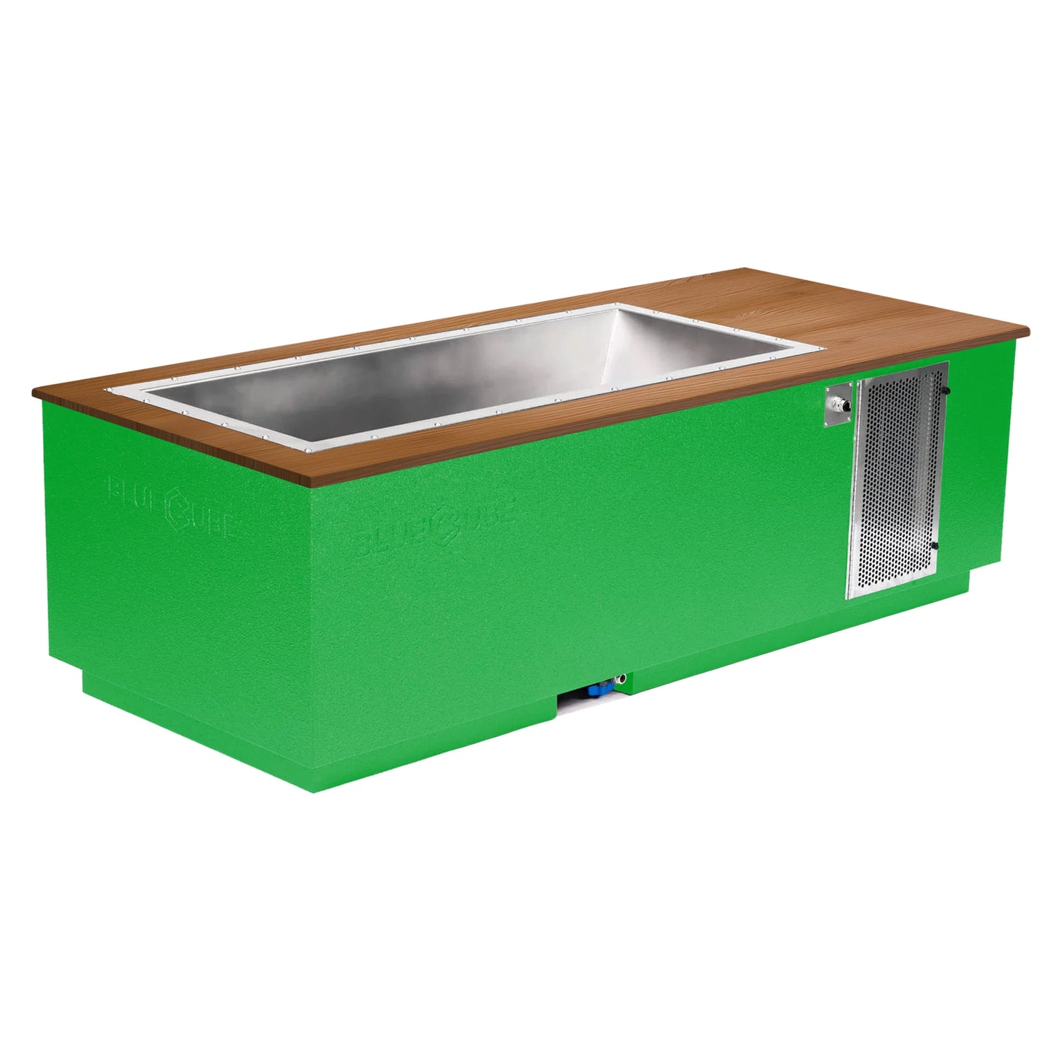 Custom green BlueCube CoreChill 3 Cold Plunge Tub with mahogany top which is commercial grade and handmade in America