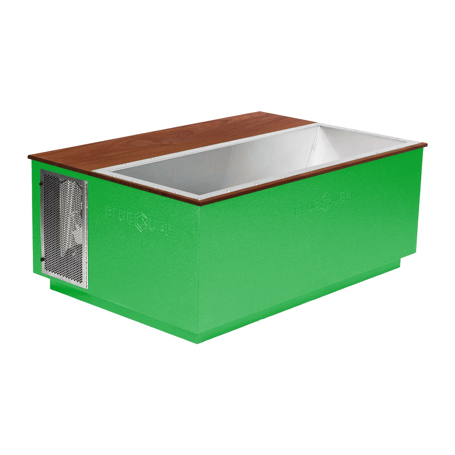 Green BlueCube CoreChill 3 Elite Cold Plunge Tub with walnut top which is commercial grade and handmade in America