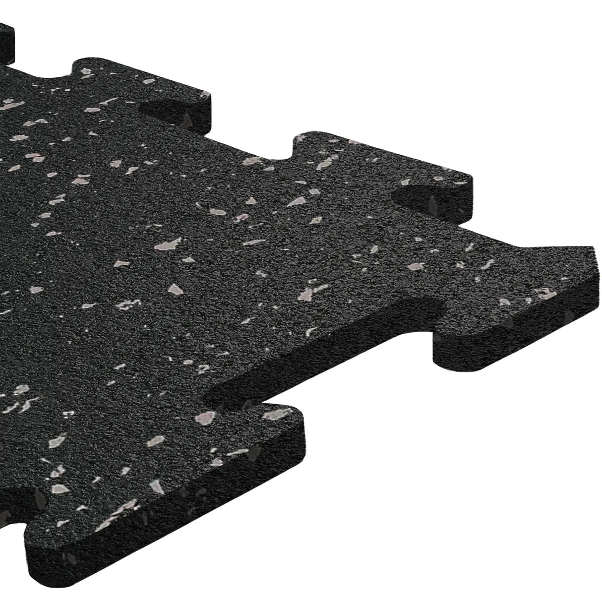Close-up of an ECORE Rubber Floor Tile - 8mm Interlocking by ECORE Athletic, featuring a black, textured surface with white and gray speckles and puzzle-like edges, displayed on a white background.