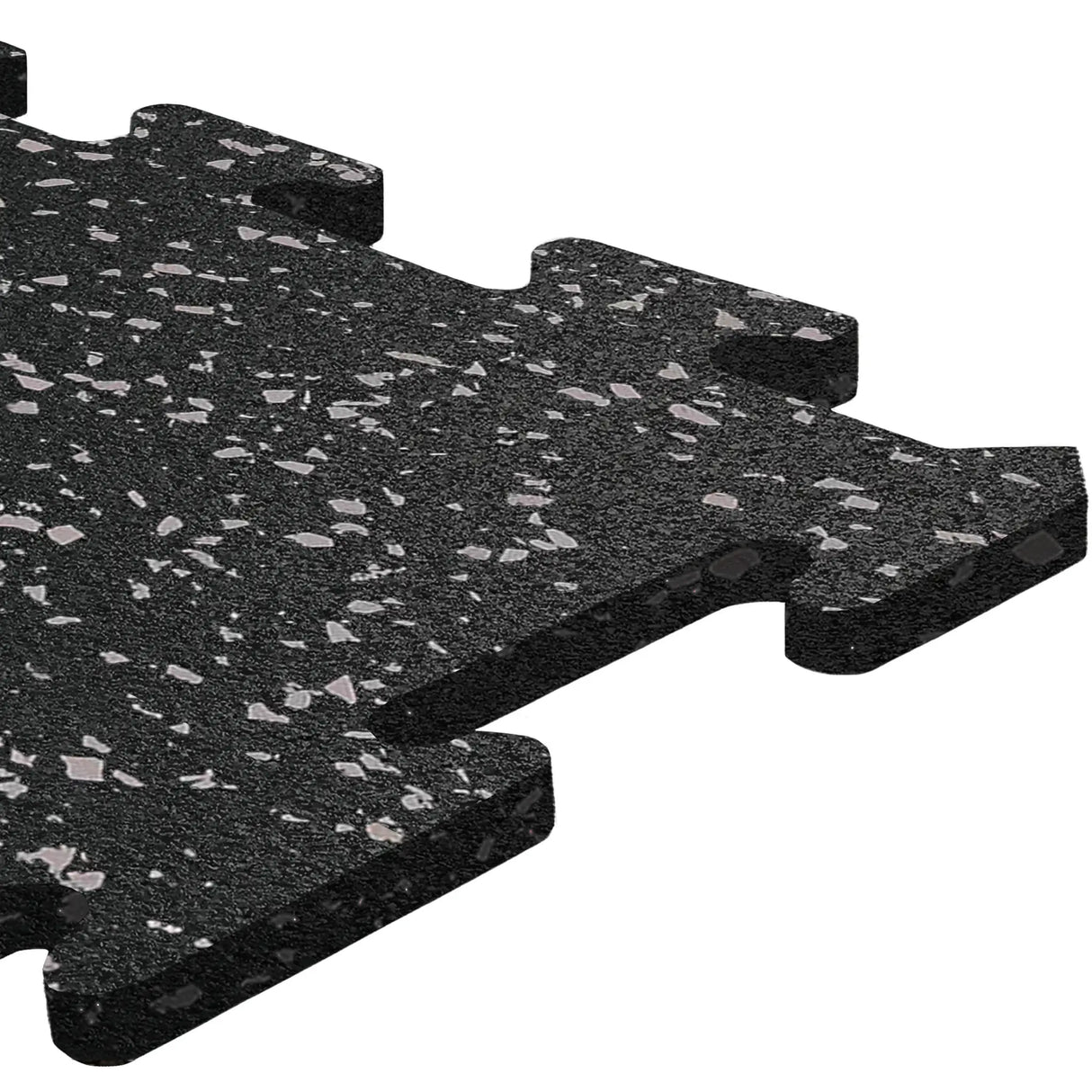 A close-up of an ECORE Athletic ECORE Rubber Floor Tiles - 8mm Interlocking tile, featuring a black surface with gray speckles, textured finish, and puzzle-like connecting edges.