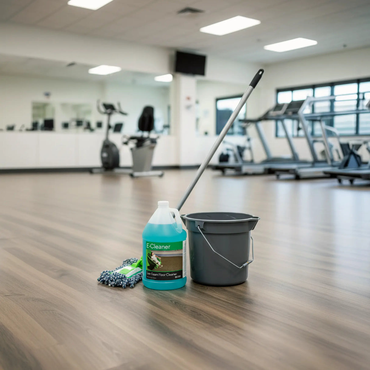 An ECORE E-Cleaner All Purpose Floor Cleaner bottle, a mop, and a gray bucket sit on the wooden floor of a bright, modern gym by ECORE Athletic with exercise equipment in the background.
