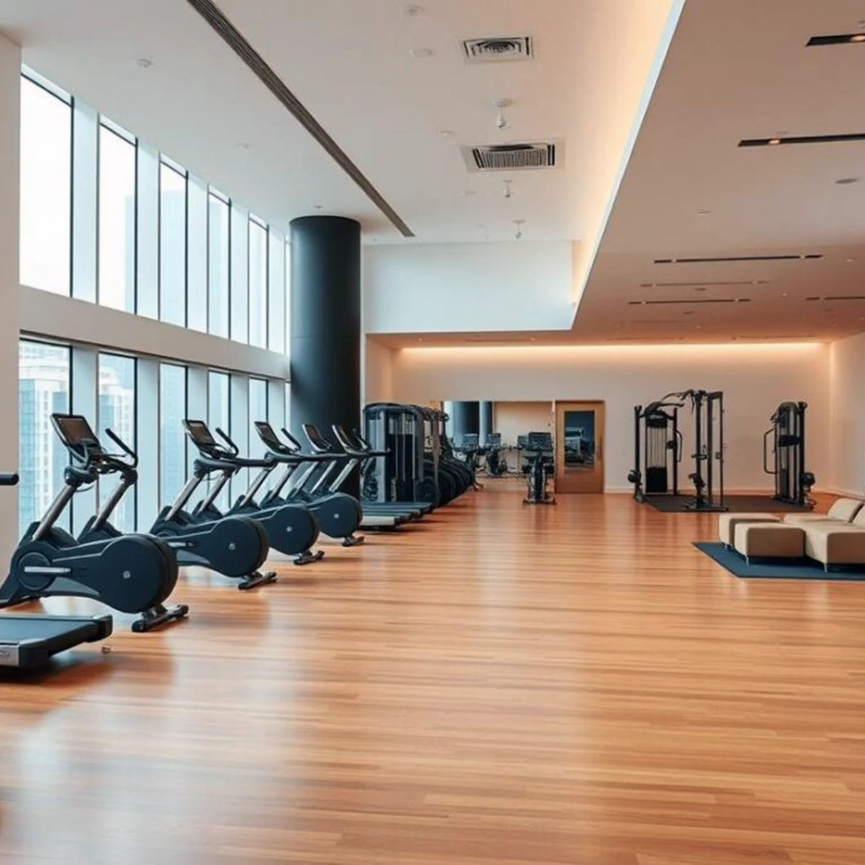 A spacious, modern gym with large windows, wooden floors maintained with ECORE Athletic's ECORE E-Cleaner All Purpose Floor Cleaner, exercise machines, weight equipment, and a bright seating area.