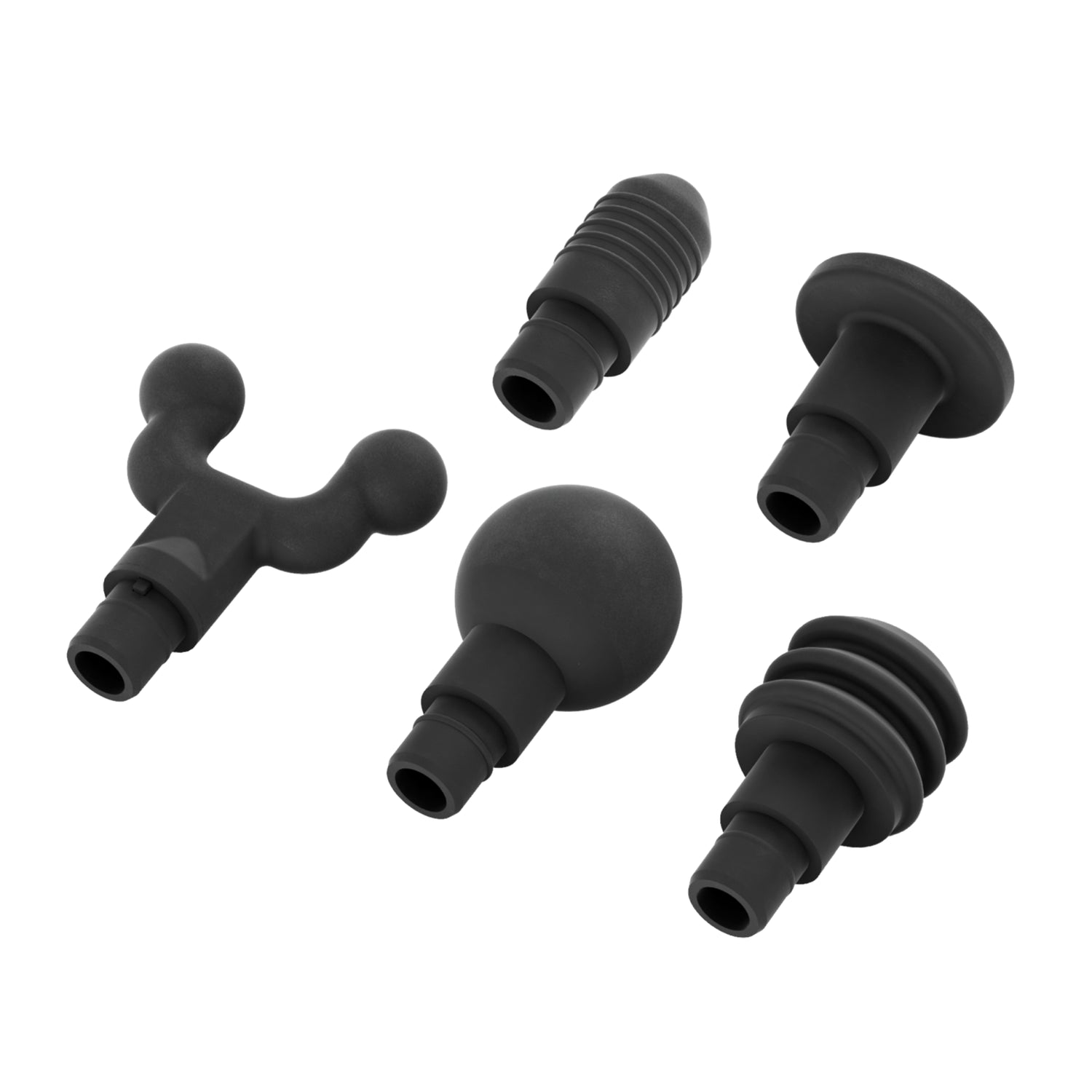 Percussion massage gun attachments including fork, bullet, flat, ball, and cushion