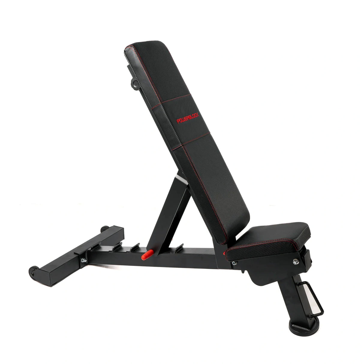 A black PowerBlock utility bench in the upright position