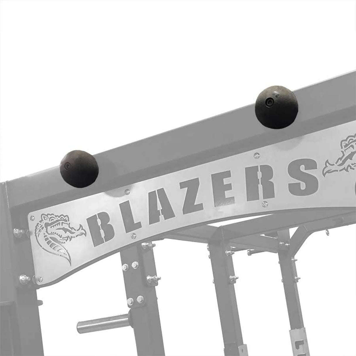 Round pull-up grips mounted on a steel crossmember with 'Blazers' branded on a metal shroud under the crossmember