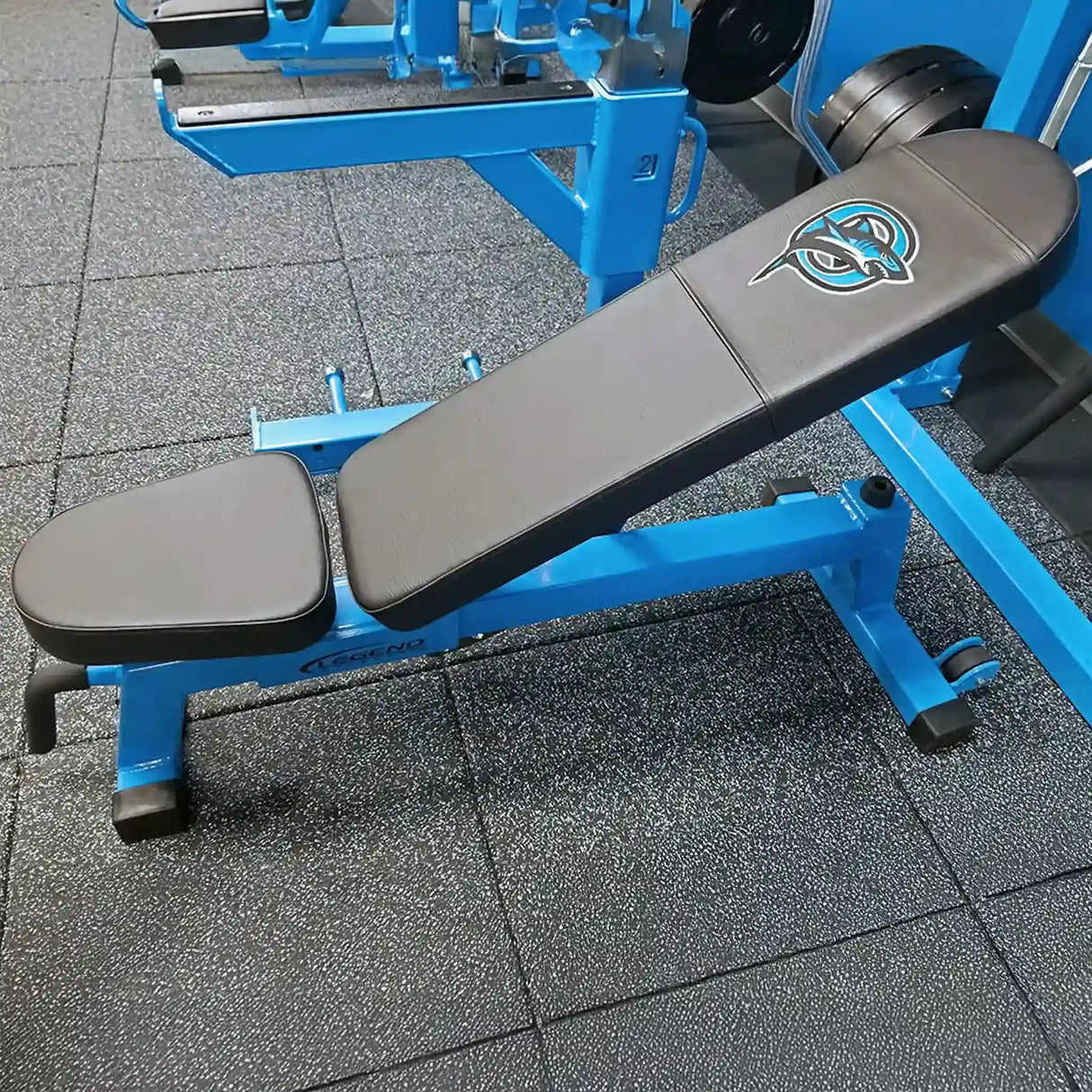 Black weight bench with blue frame on a tiled floor
