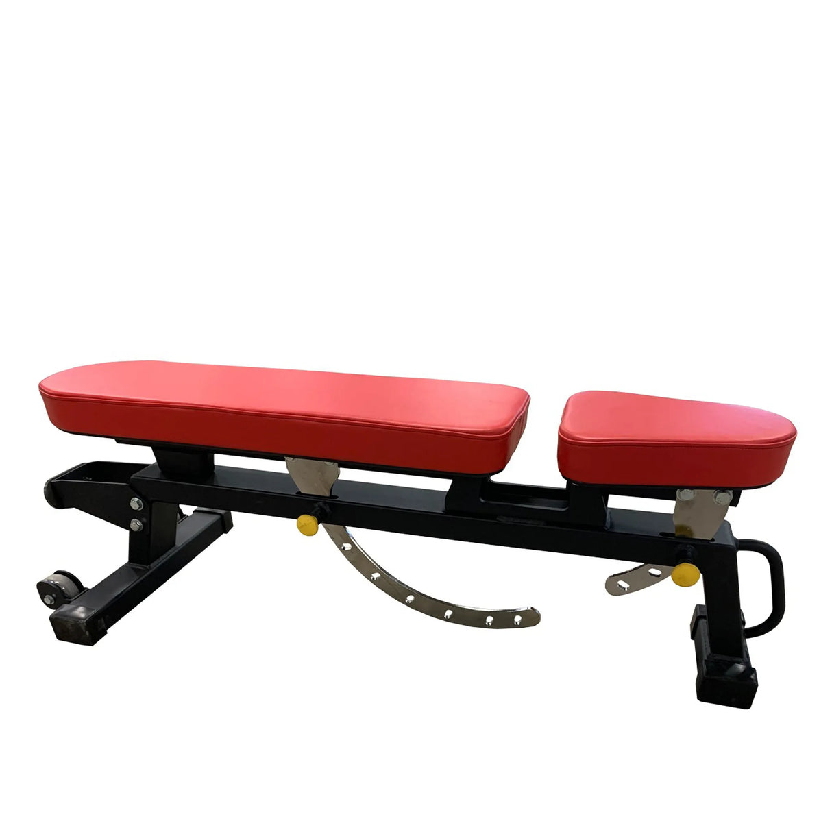 Red upholstered weight bench with a black frame on a white background