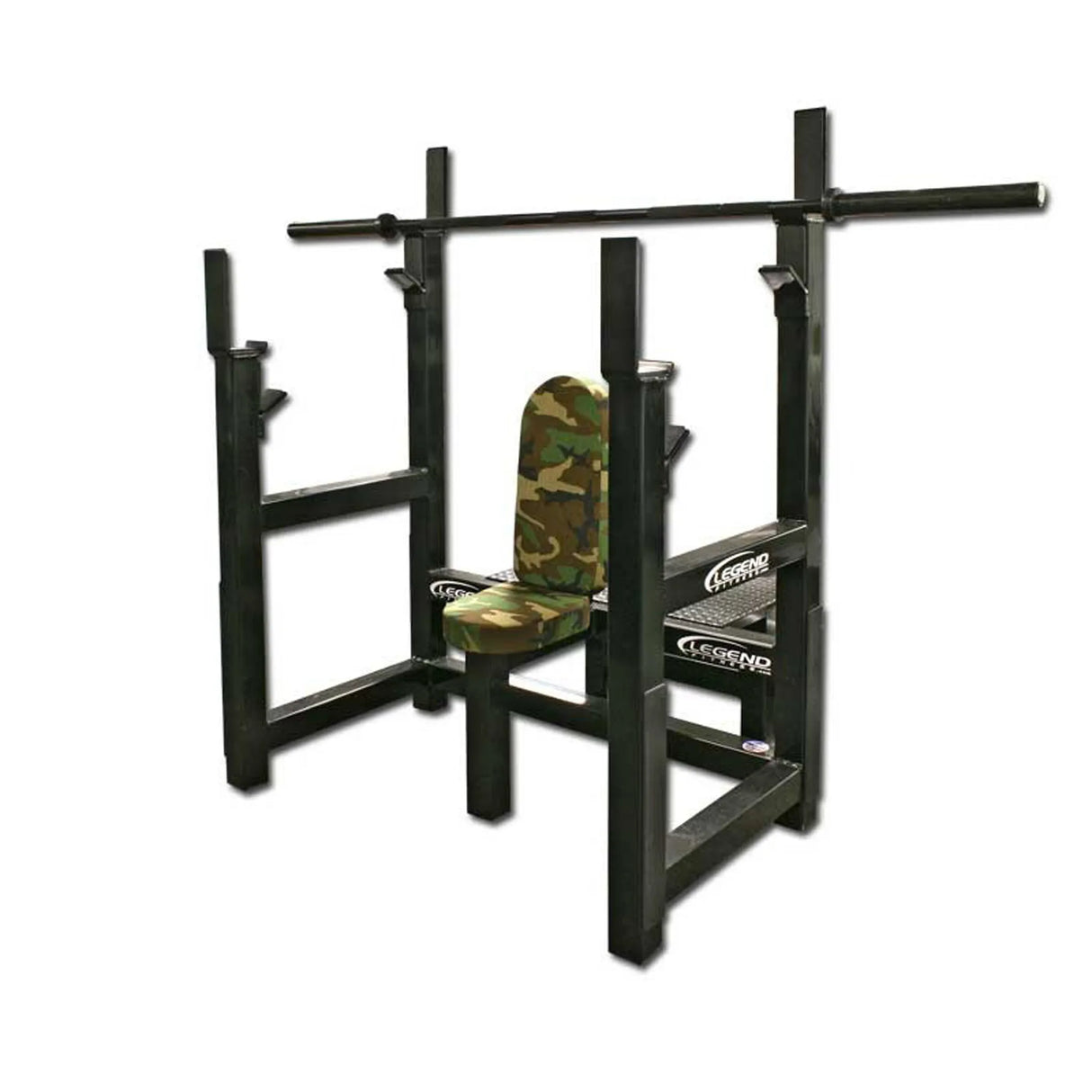 Black gym squat rack with camouflage seat on a white background