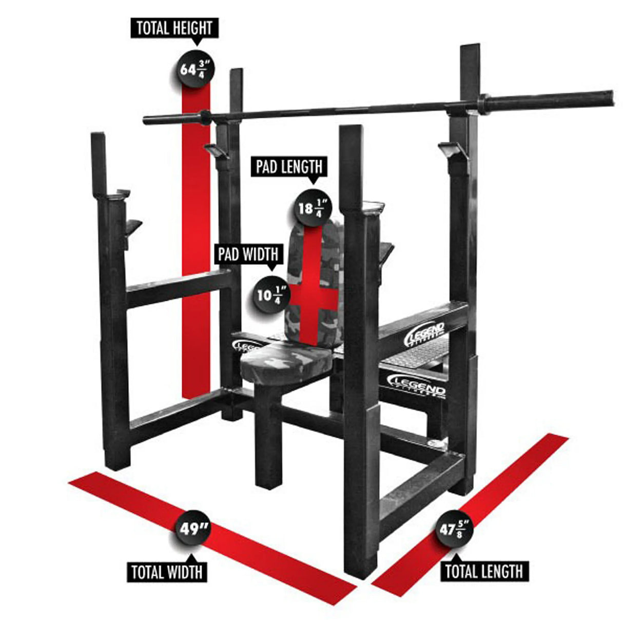 Gym shoulder press rack with measurements labeled on a white background