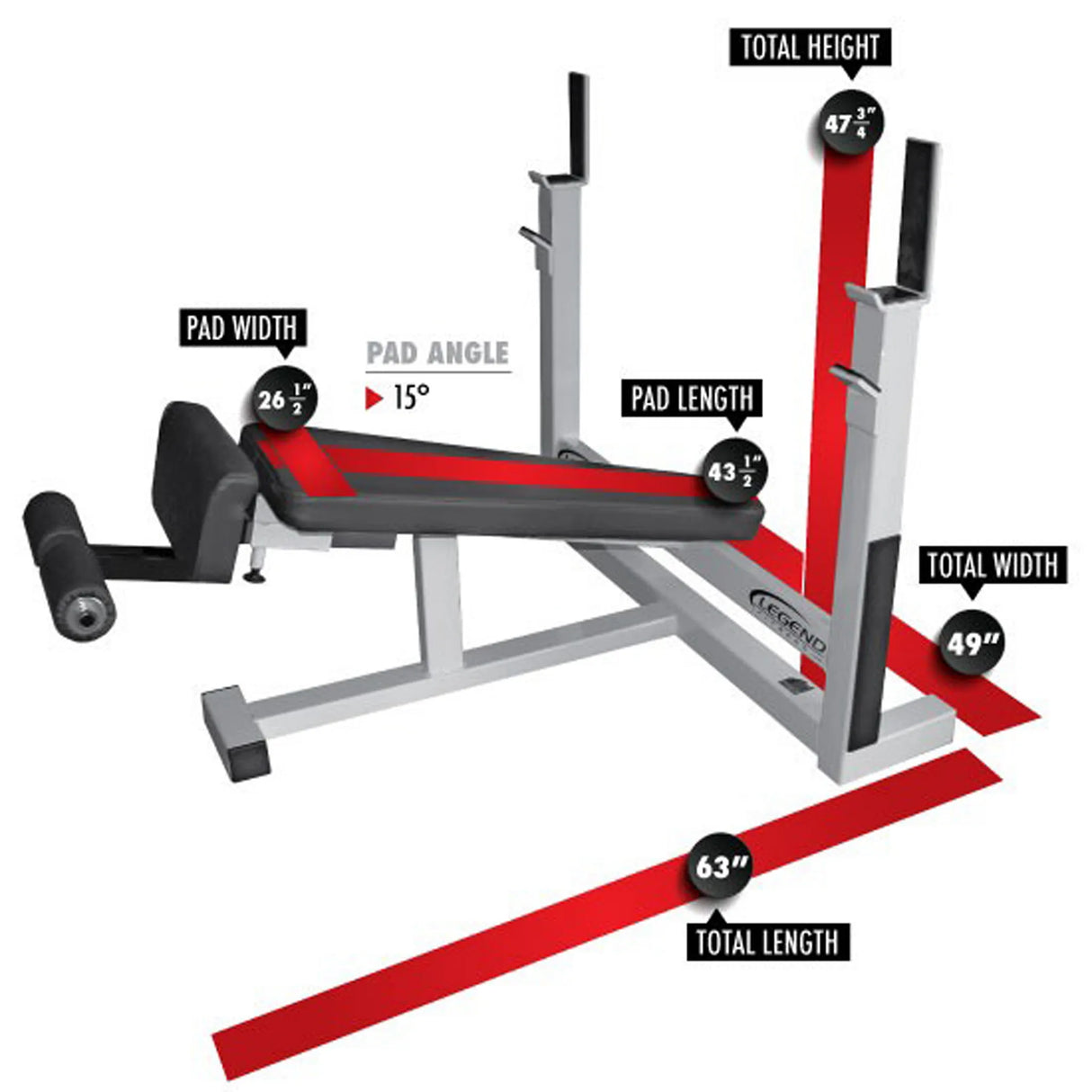 Gym bench with labeled dimensions on a white background