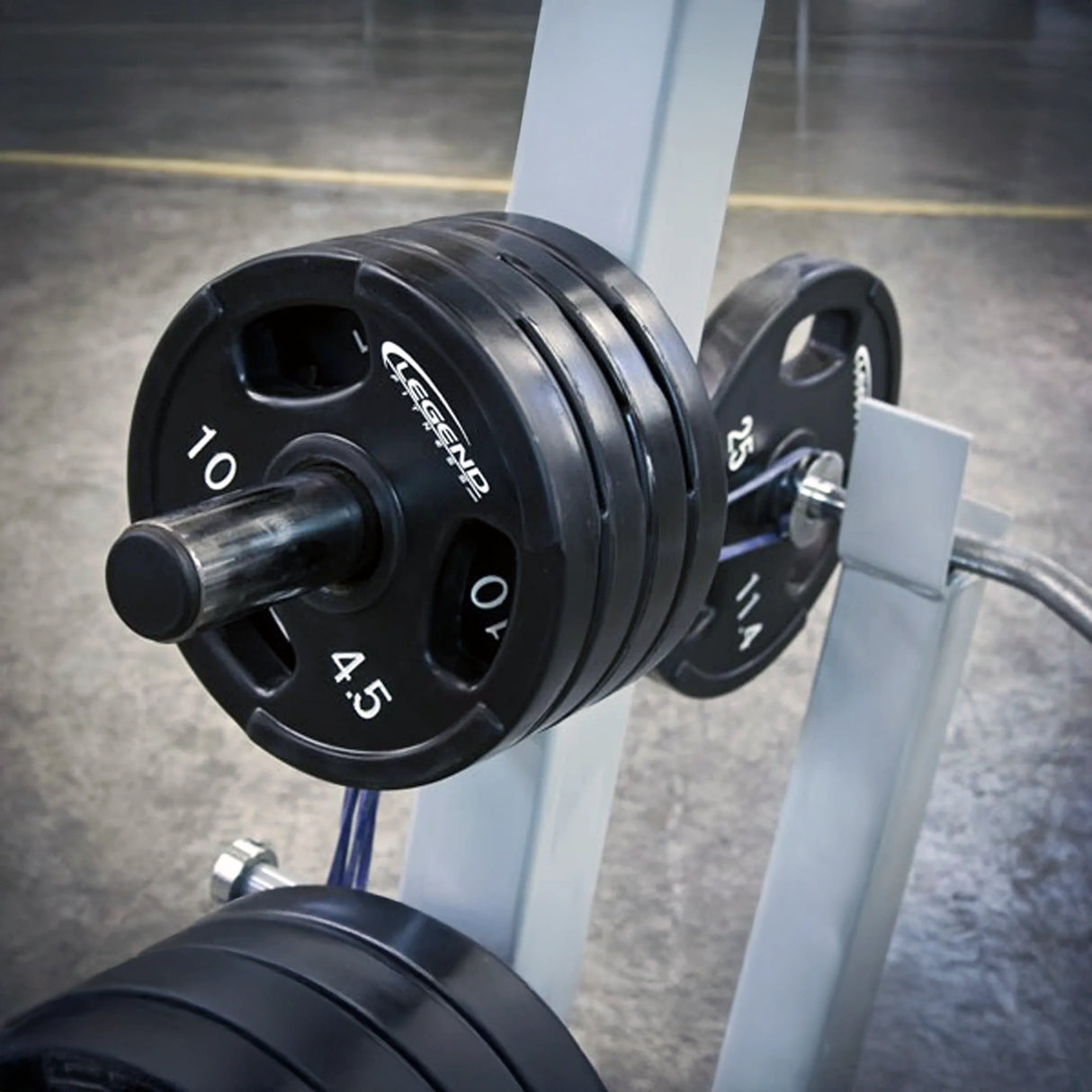 Barbell with weight plates on a rack in a gym setting