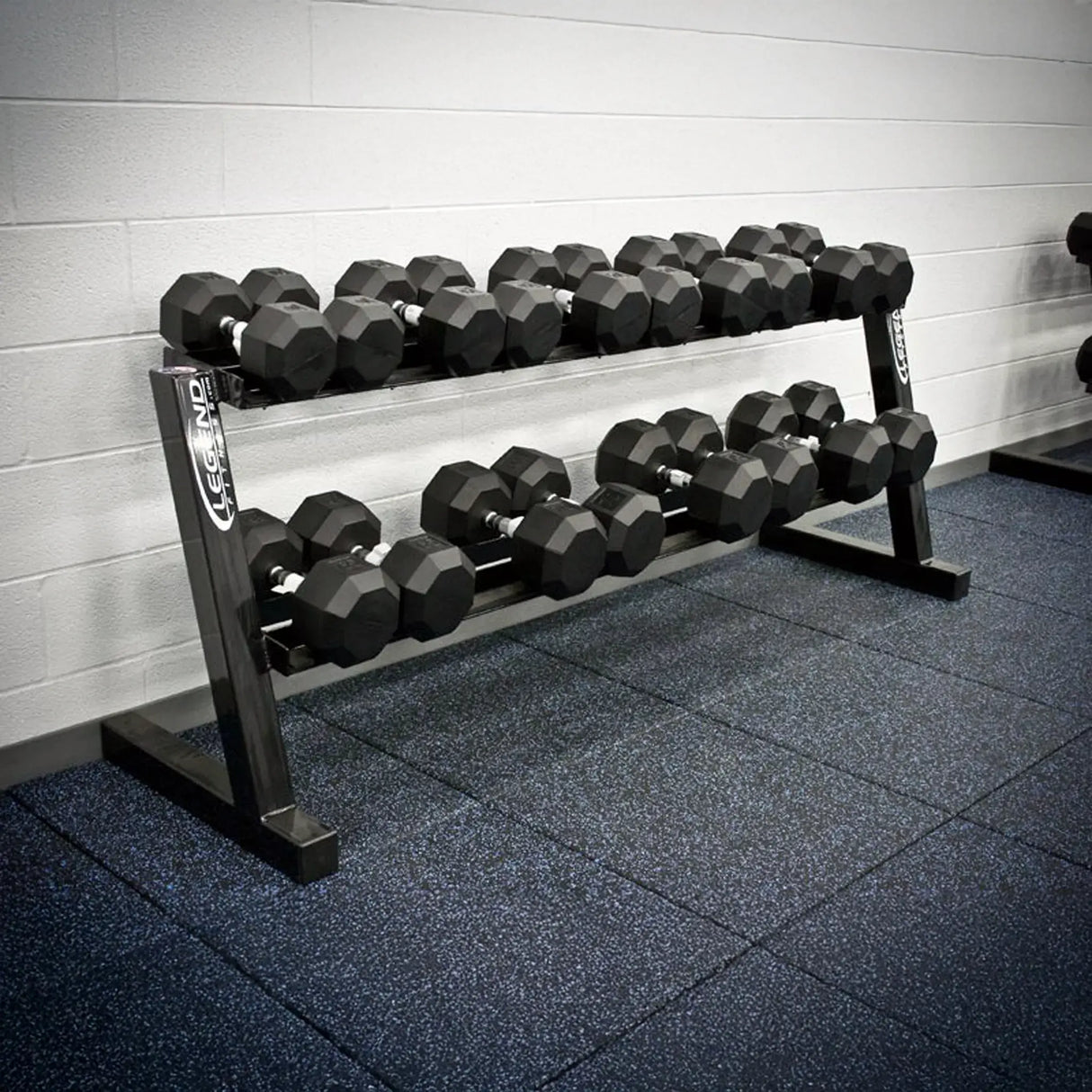 Set of dumbbells on a rack in a gym setting