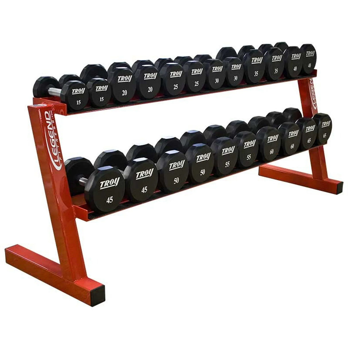 Dumbbell set with red rack on a white background