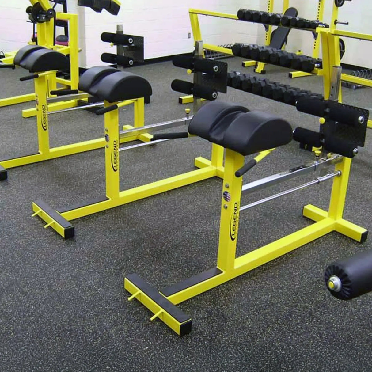 A tow of three yellow and black glute ham developer fitness machines in a gym setting