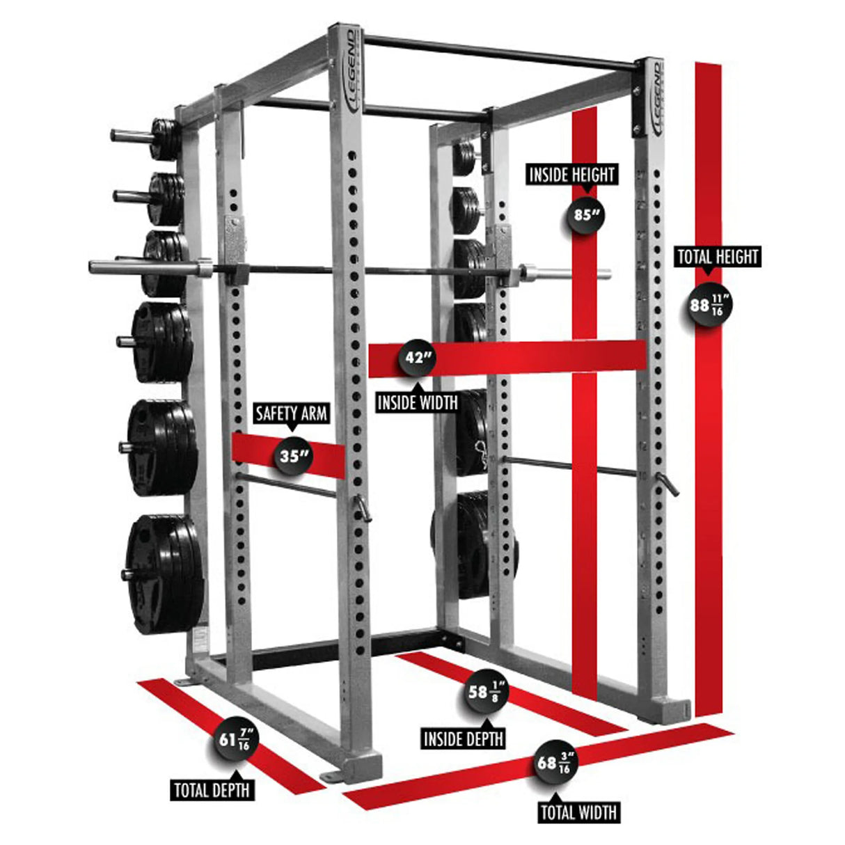Power rack with measurement labels on a white background