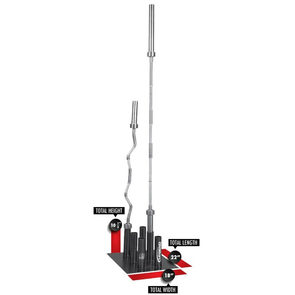 A black barbell storage holder with two barbells in it on the floor on a white background with red measurements labels and dimensions
