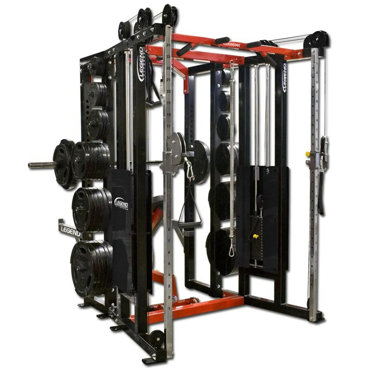 Gym power rack with weight plates on a white background